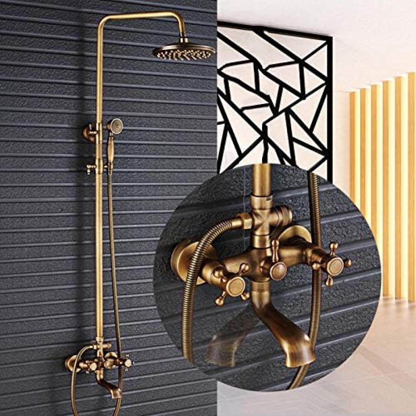 Washly 8-Inch Antique Brass Wall Mount Rain Shower System – Complete Mixer Faucet With Hand Spray