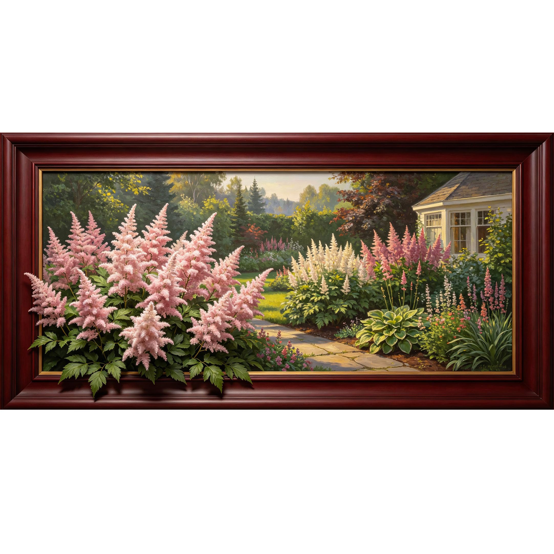 Agglomerix 3D Framed Wall Art Pink Astilbe Garden Path Botanical Landscape Oil Painting Effect Large Size Self-Adhesive Removable Wall Decor Prints Artwork for Living Room Bedroom Office