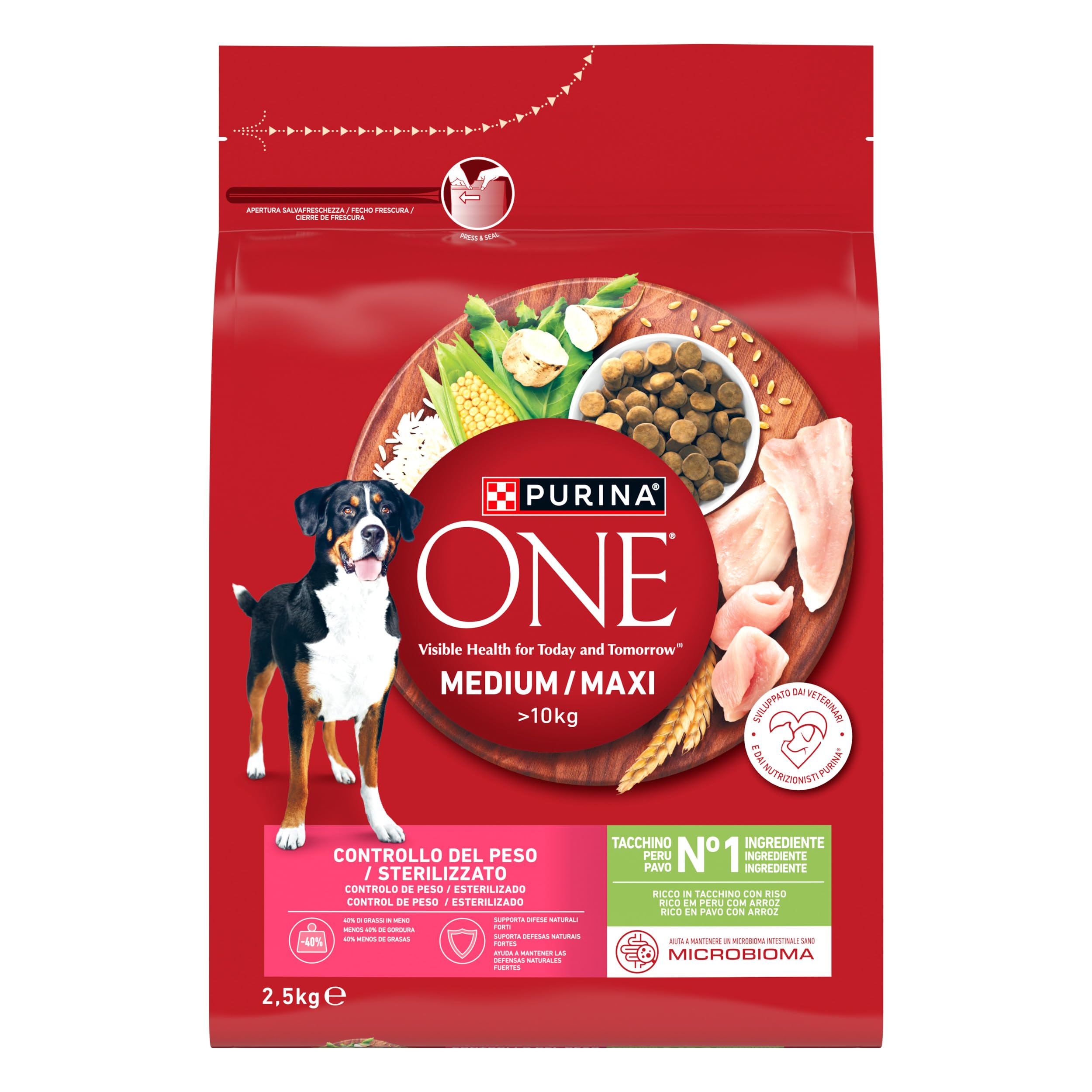 PURINA ONE Medium Maxi Controllo del peso Crocchette per Cani Adulti Sterilizzati con Tacchino 4 Sacchi da 2.5kg