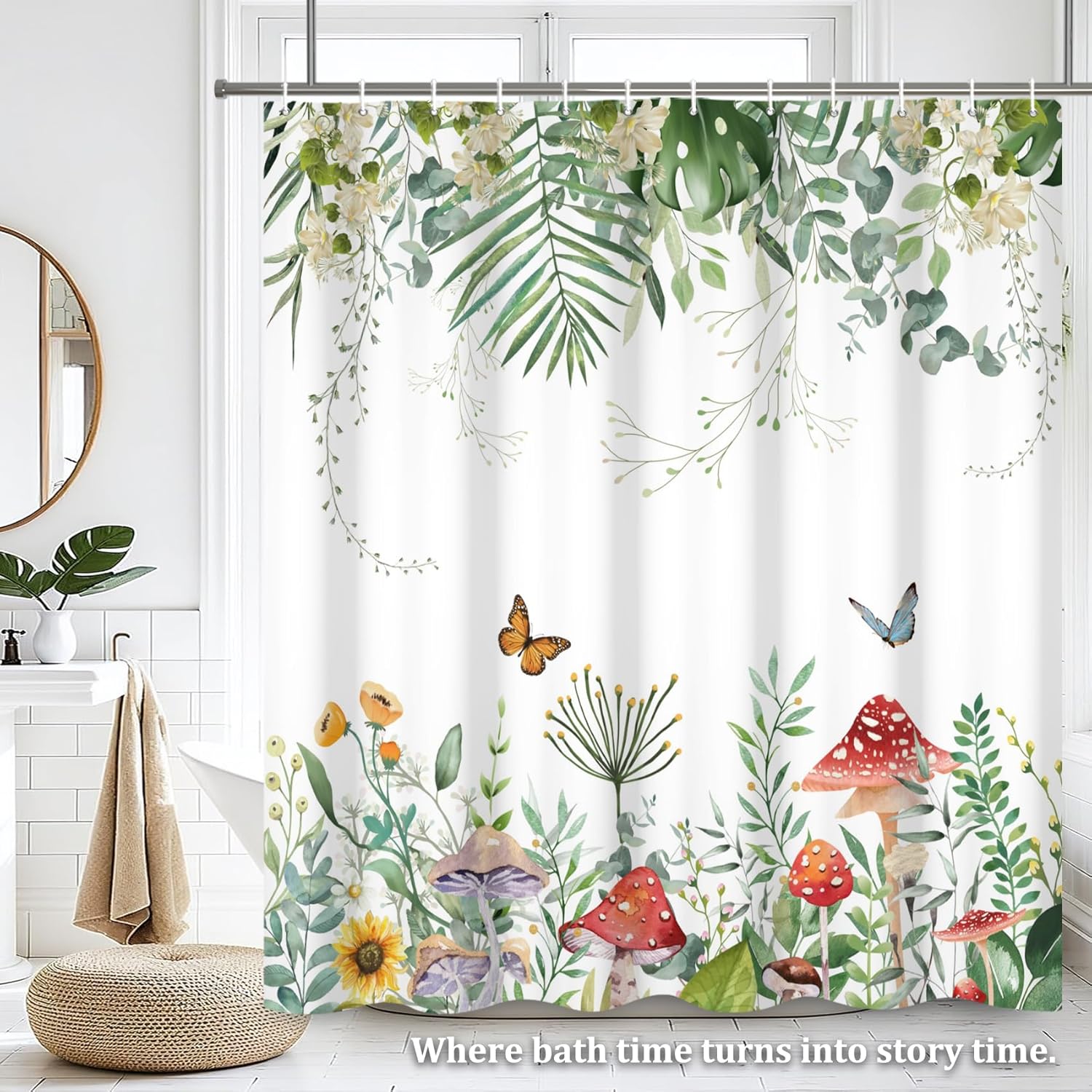 Renaiss 72 x 78 Inch Green Plant Shower Curtain Red Mushroom Butterfly Flowers Hanging Plam Eucalyptus Leaf Shower Curtains Set Bathroom Decor Waterproof Washable Polyester Fabric with Plastic Hooks