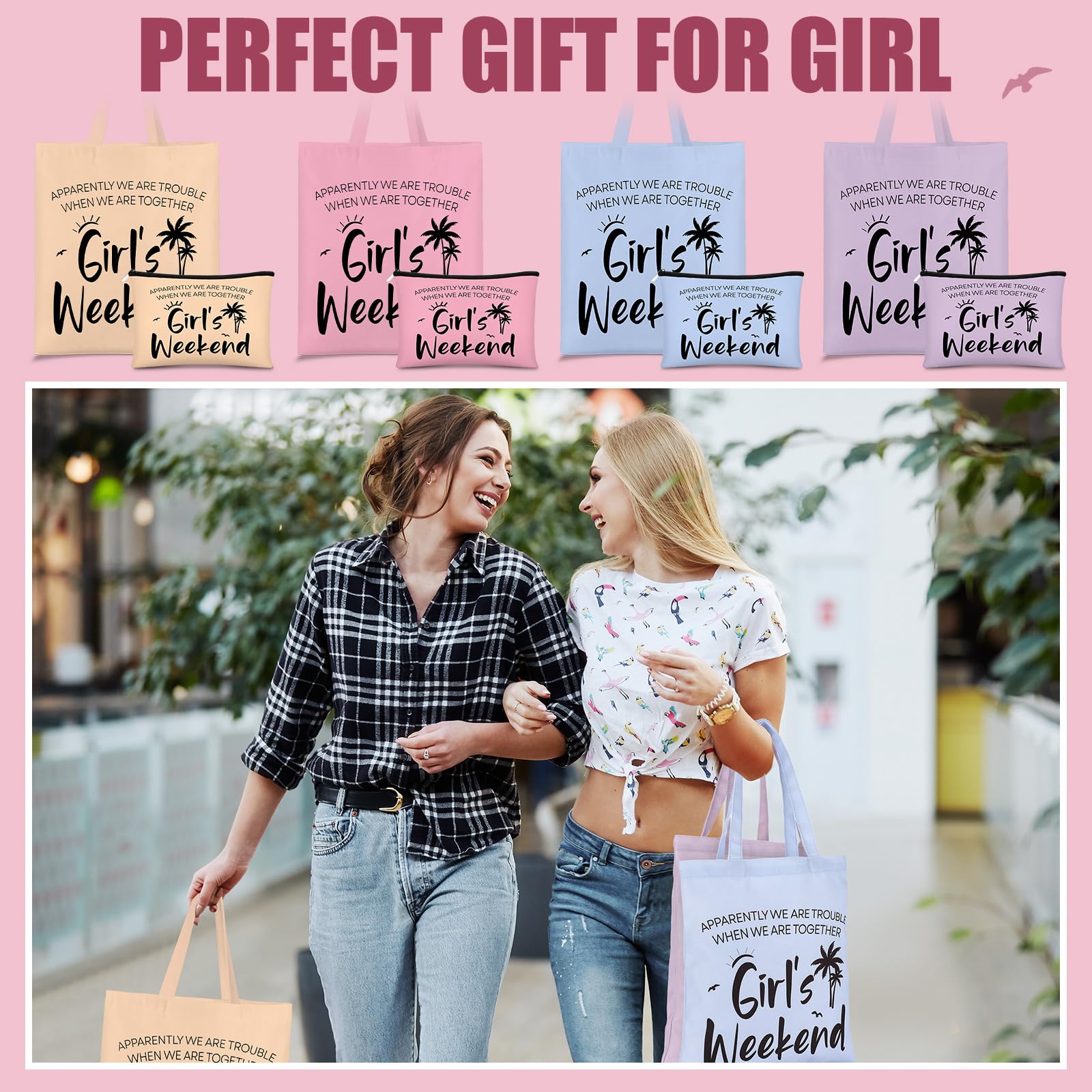 Paterr 8 Pcs Girls Weekend Trip Gifts for Women 4 Makeup Bags 4 Tote Bags Galentine Summer Vacation Bestie Friendship Favors(Weekend,Stylish Color)