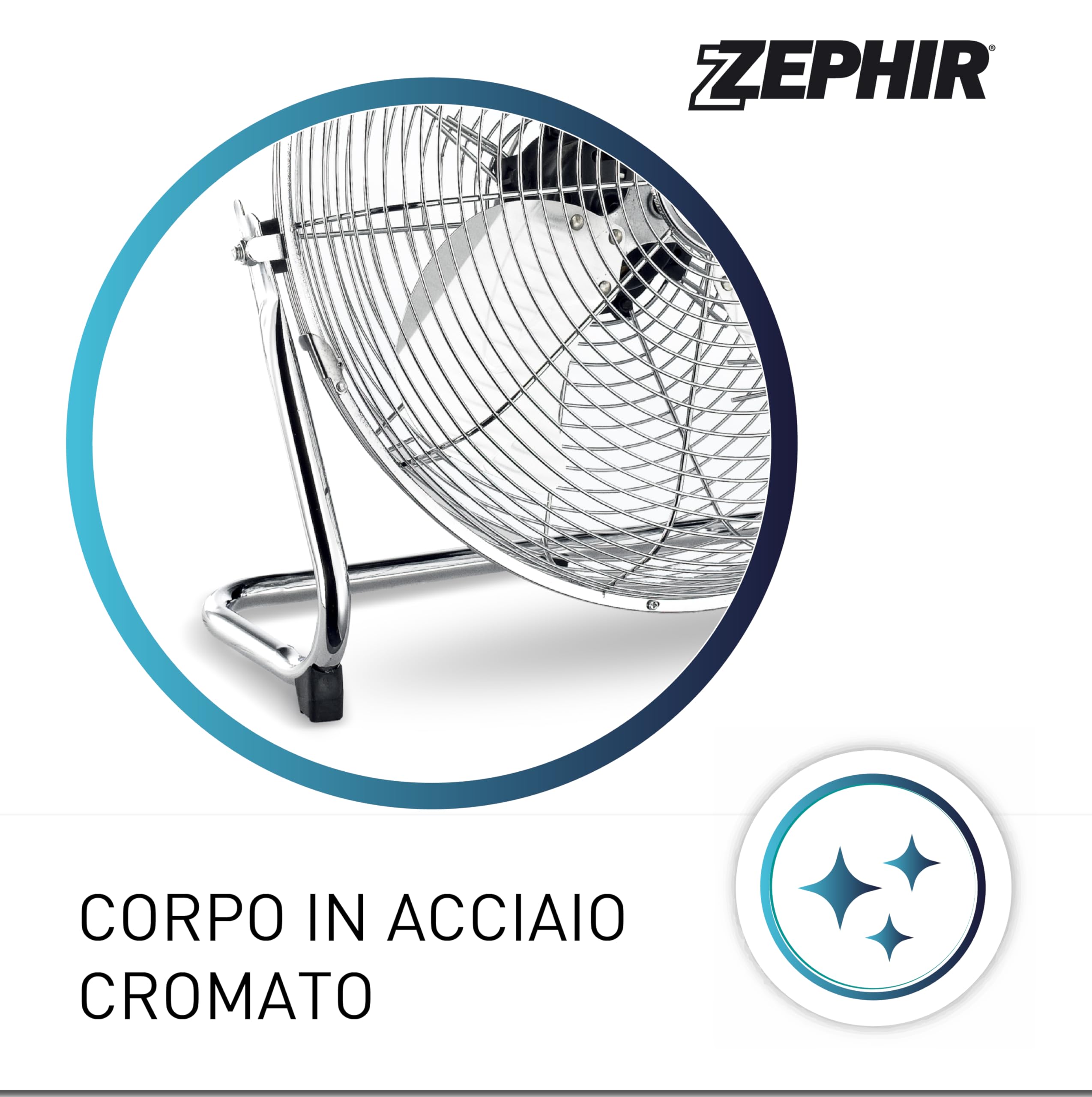 Zephir, Ventilatore Industriale da Pavimento, Alta Velocità, Acciaio Cromato, Pala 35cm, Inclinazione regolabile, Potenza 70W