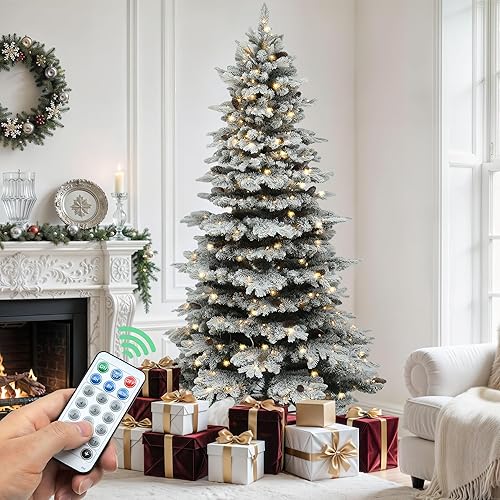 YITAHOME Pre-Lit Mountain Pine Flocked Christmas Tree with Remote, 7.5FT Pre-Decorated Hierarchical Tower Flocked Christmas Tree, 1278 Branch Tips, 550 Lights, 55 Pine Cones for Party Home Deco
