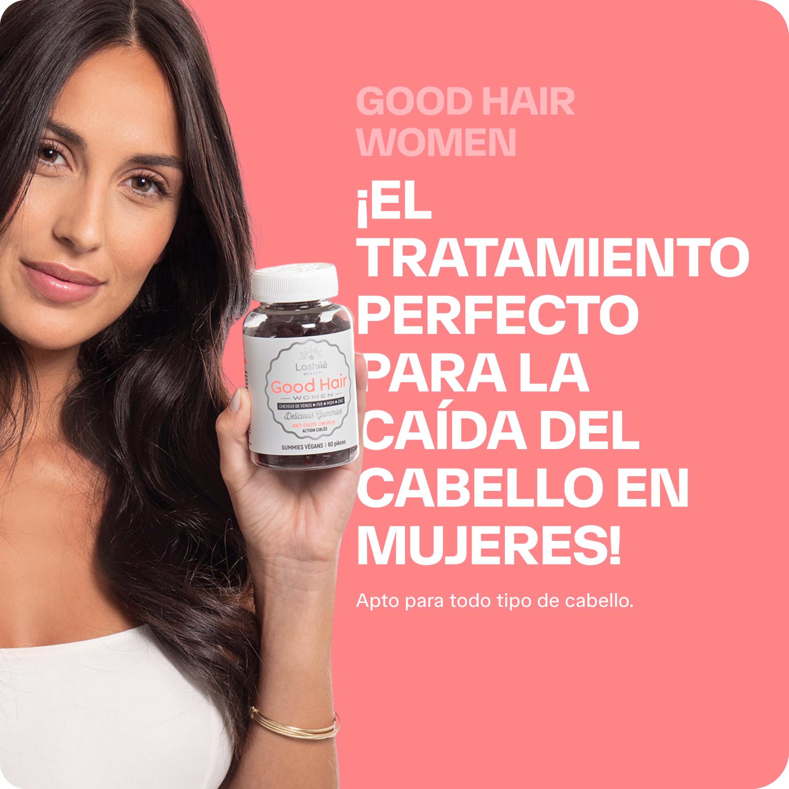 Lashilé Beauty - Complementos Alimenticios - Anticaída del Cabello, Crecimiento y Fuerza - Good Hair Women Vitamines - Fabricado en Francia - Biotina, Zinc, Hierro, MSM, Vitamina B6-180 Gummies