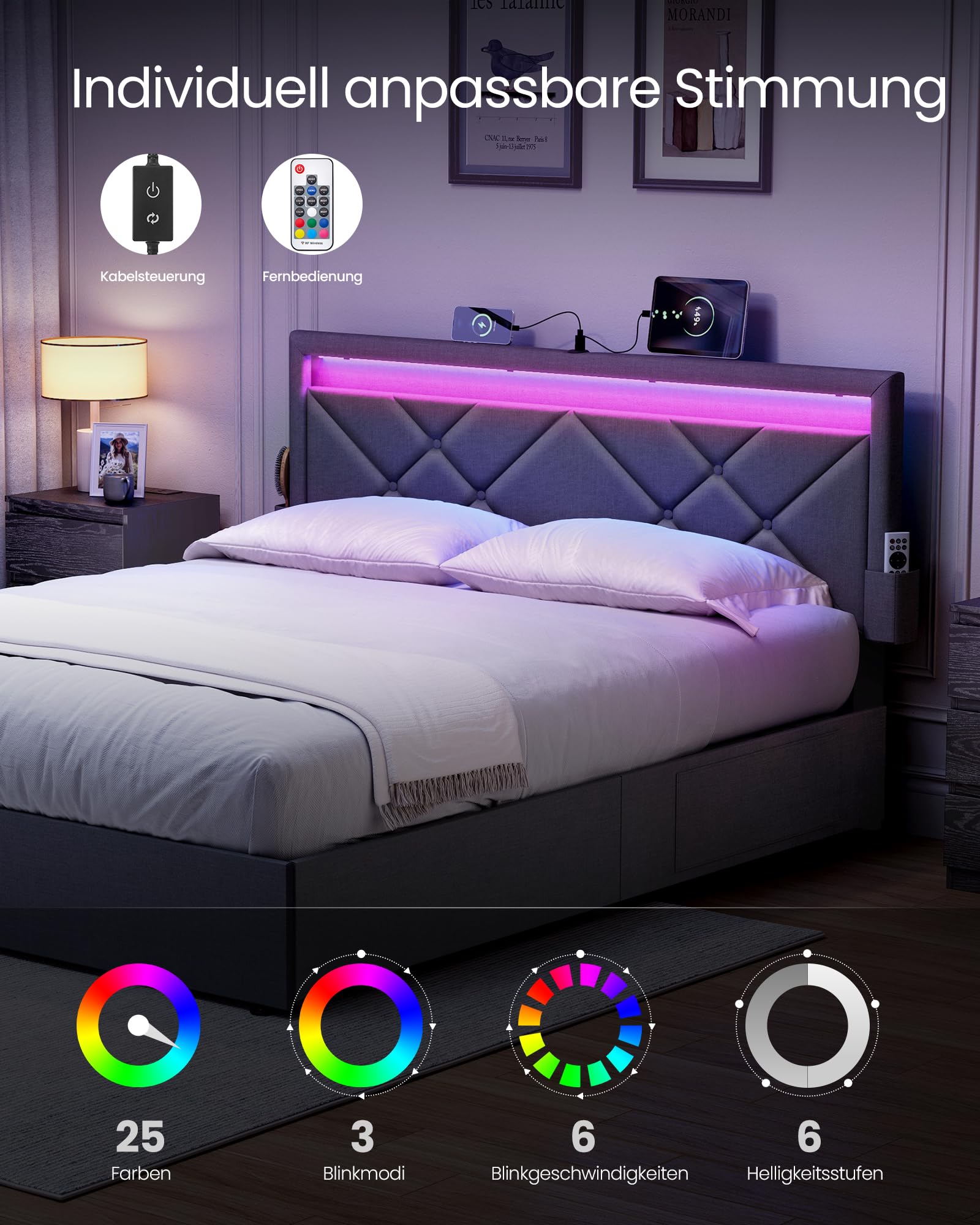 VASAGLE Doppelbettgestell, Bettgestell, 180 x 200 cm, LED, Metallbett, 4 Schubladen, Ladestation, verstellbares gepolstertes Kopfteil, dunkelgrau RMB825GN02