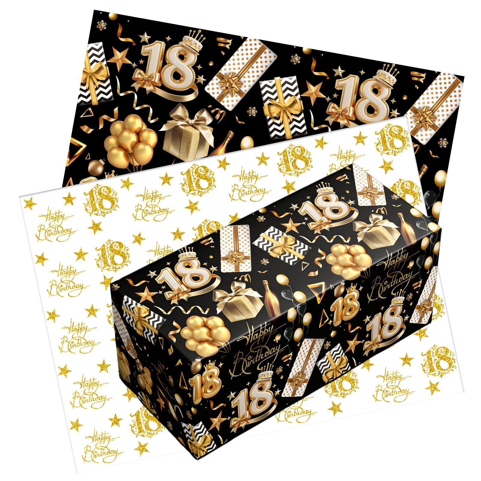10pcs 18th Birthday Wrapping Paper,50 * 70cm Black Gold 18th Happy Birthday Gift Wrap Paper and Tissue Paper Eco-friendly Gift Wrap Perfect for Wrapping Present or Flower for Boys Man