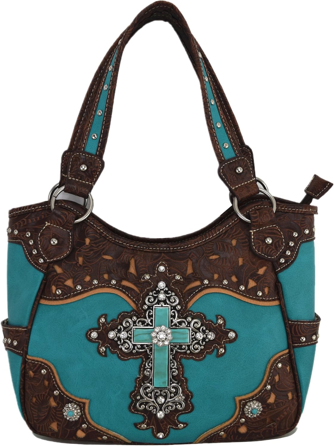 Western Style Rhinestone Cross Conchos Studded Women Purse Tooled Leather Handbag Country Shoulder Bag Trifold Wallet Set - Image 2