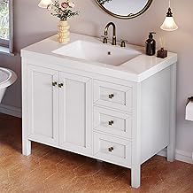 DWVO 42 Inch Bathroom Vanity with Sink Combo, Modern Bathroom Storage Cabinet with Resin Basin, Three Holes, 2 Doors & 3 Drawers, White
