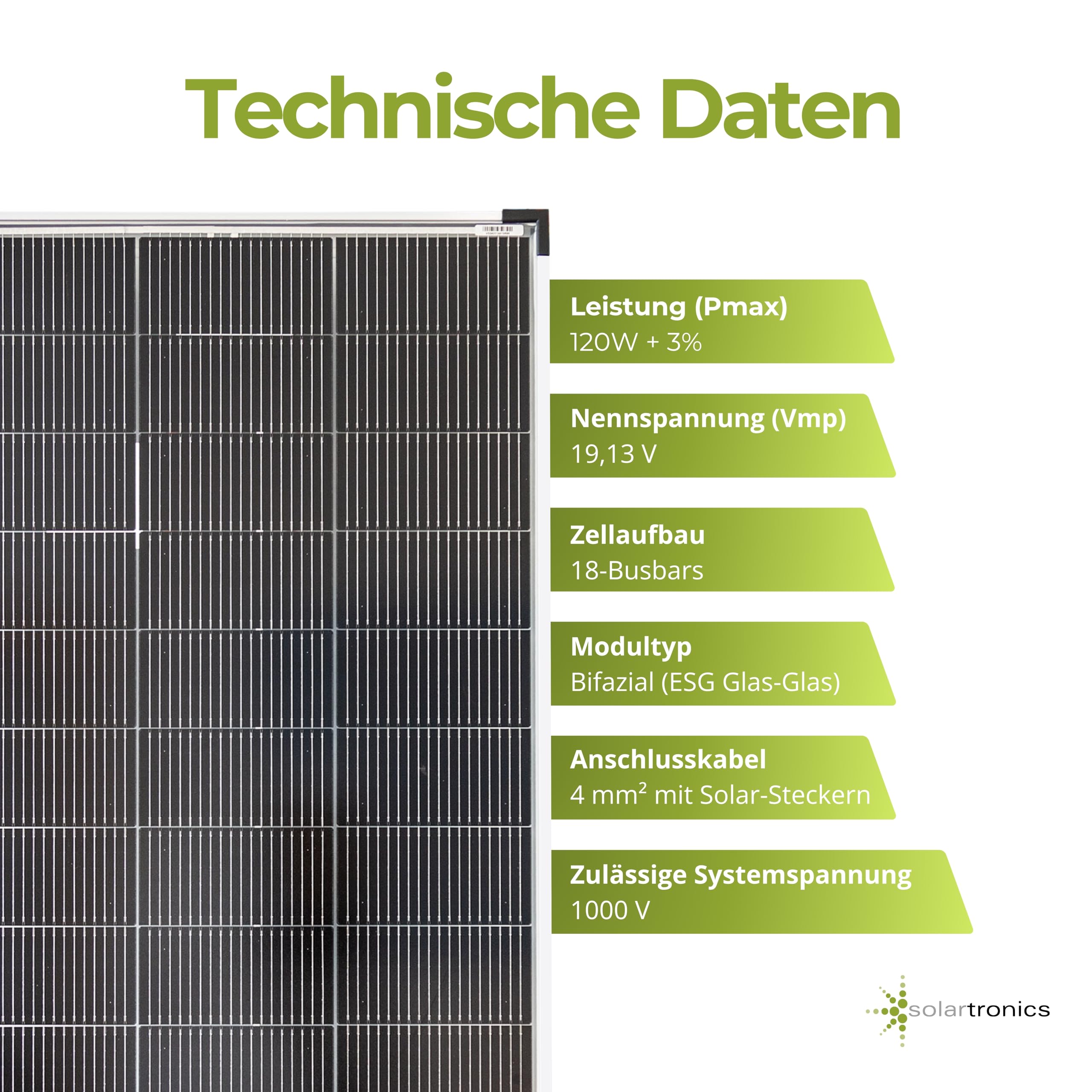 SOLARTRONICS Solarmodul 120 Watt Mono bifazial18 V 18 Busbars Solarpanel Solarzelle (2 Stück)