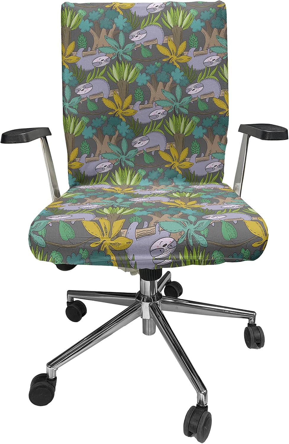 Ambesonne Funny Sloth Office Chair Cover, Cartoon Pattern of Smiling Lazy Animal Jungle Plants Leaves Trees, Stretchable Decorative Universal Size High Back Printed Slipcover, Grey Green