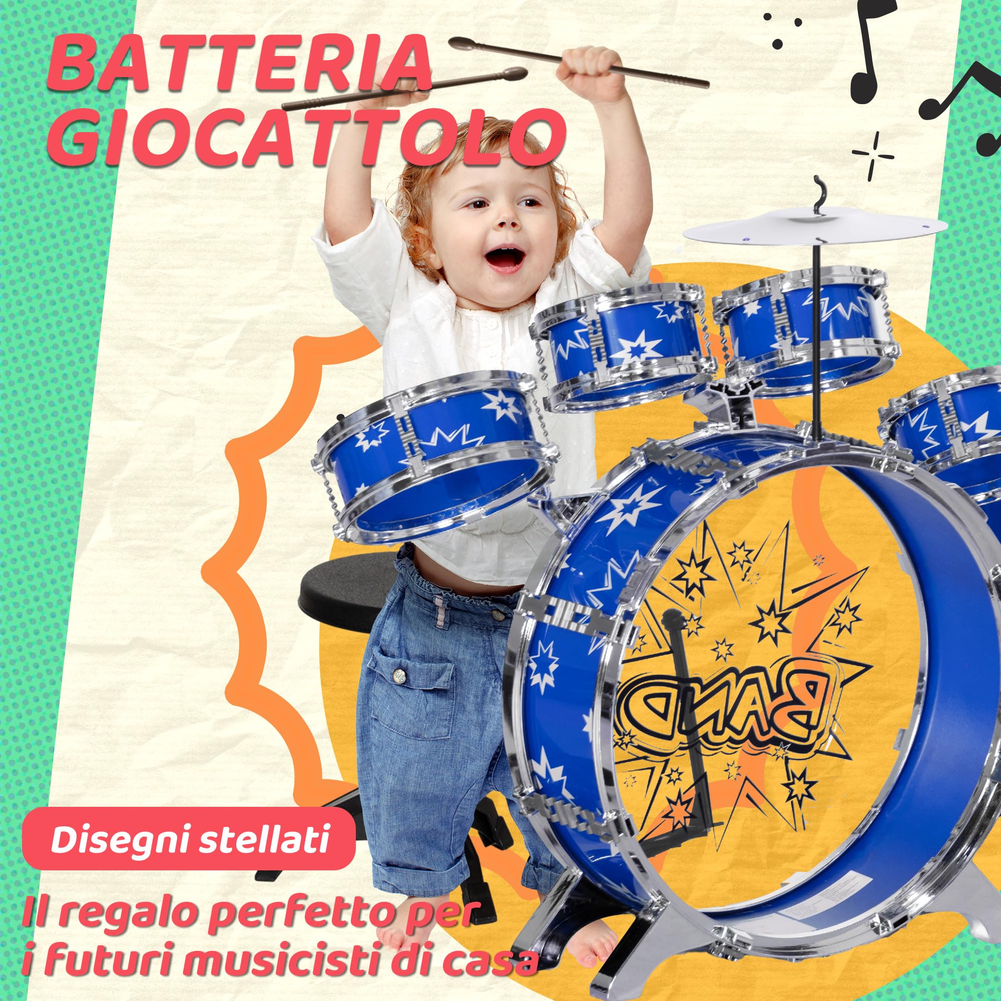 AIYAPLAY Set Batteria per Bambini con Grancassa con Pedale 3-6 Anni Blu | Gioco Musicale per Bambini, Tamburi Medi e Piccoli, Piatto, Sgabello