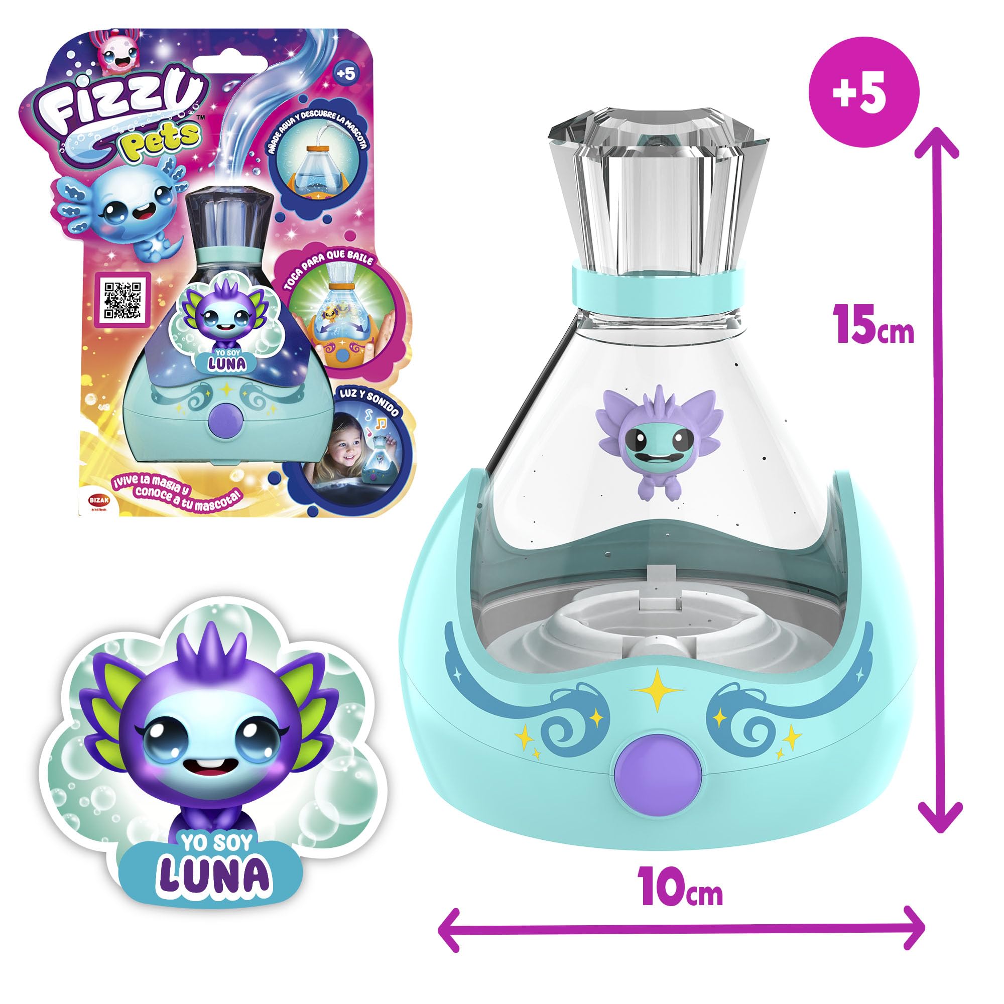 Bizak Fizzy Pets Luna,Sorpresa mágica, música y Baile para interactuar, Cambia de Color, +5 años, (62009097-5)