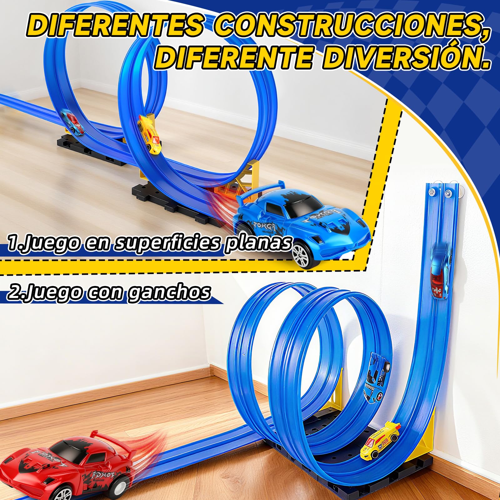 Charmofun Pista de Coches Flexible 5M, Pista de Coches para Niños con 4 Coches, Bolsa Almacenamiento, 2 Lanzadores, 8 Rampas y Ventosas, Pista De Carreras Portátil para Niños de 3+ Años (Azul)
