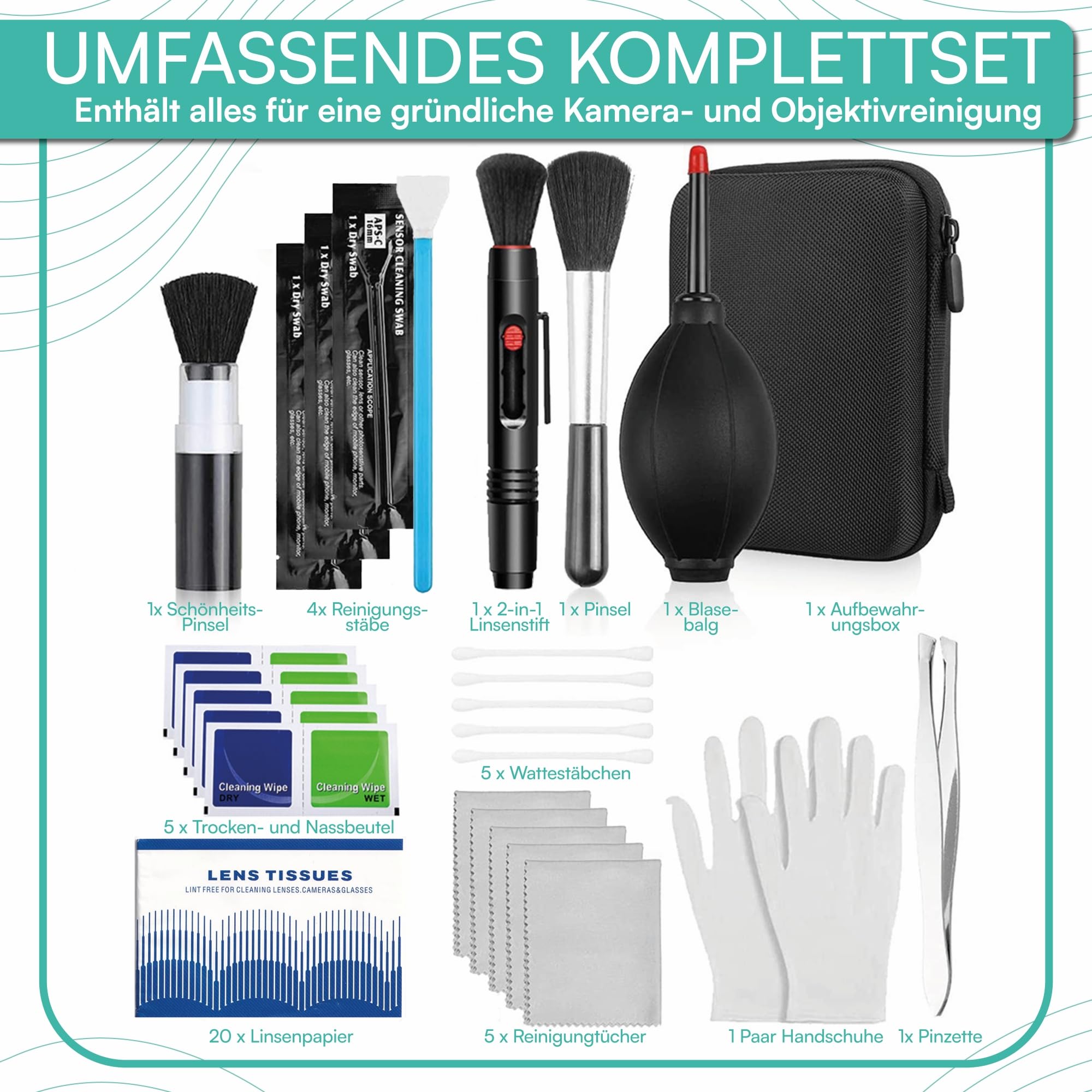 pixly Set di pulizia per fotocamera, 16 pezzi, professionale DSLR con soffietto, penna 2 in 1, pennello per la pulizia, guanti e panni in microfibra, per fotocamera, obiettivo e sensore