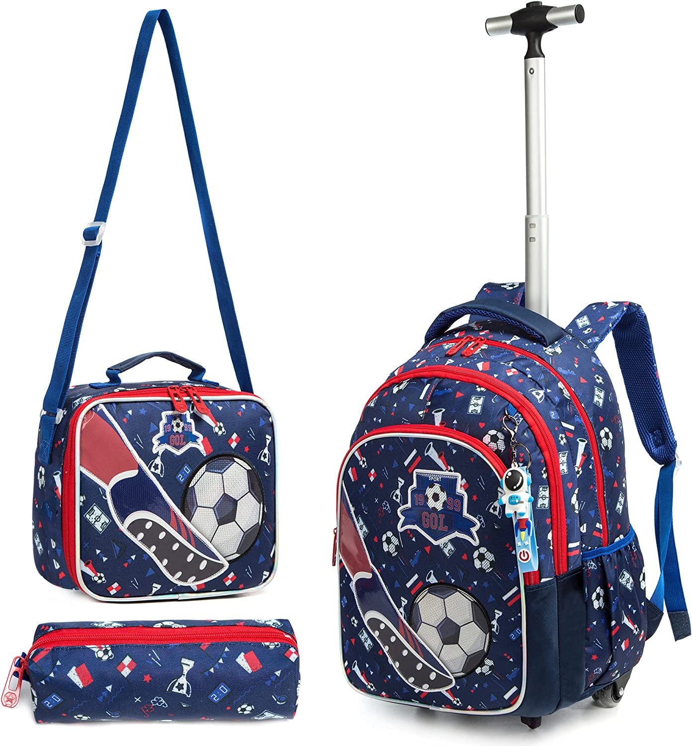 Rolling Backpack 18 inch with Lunch Bag and Pencil Case Wheeled School Backpack for Boys and Girls