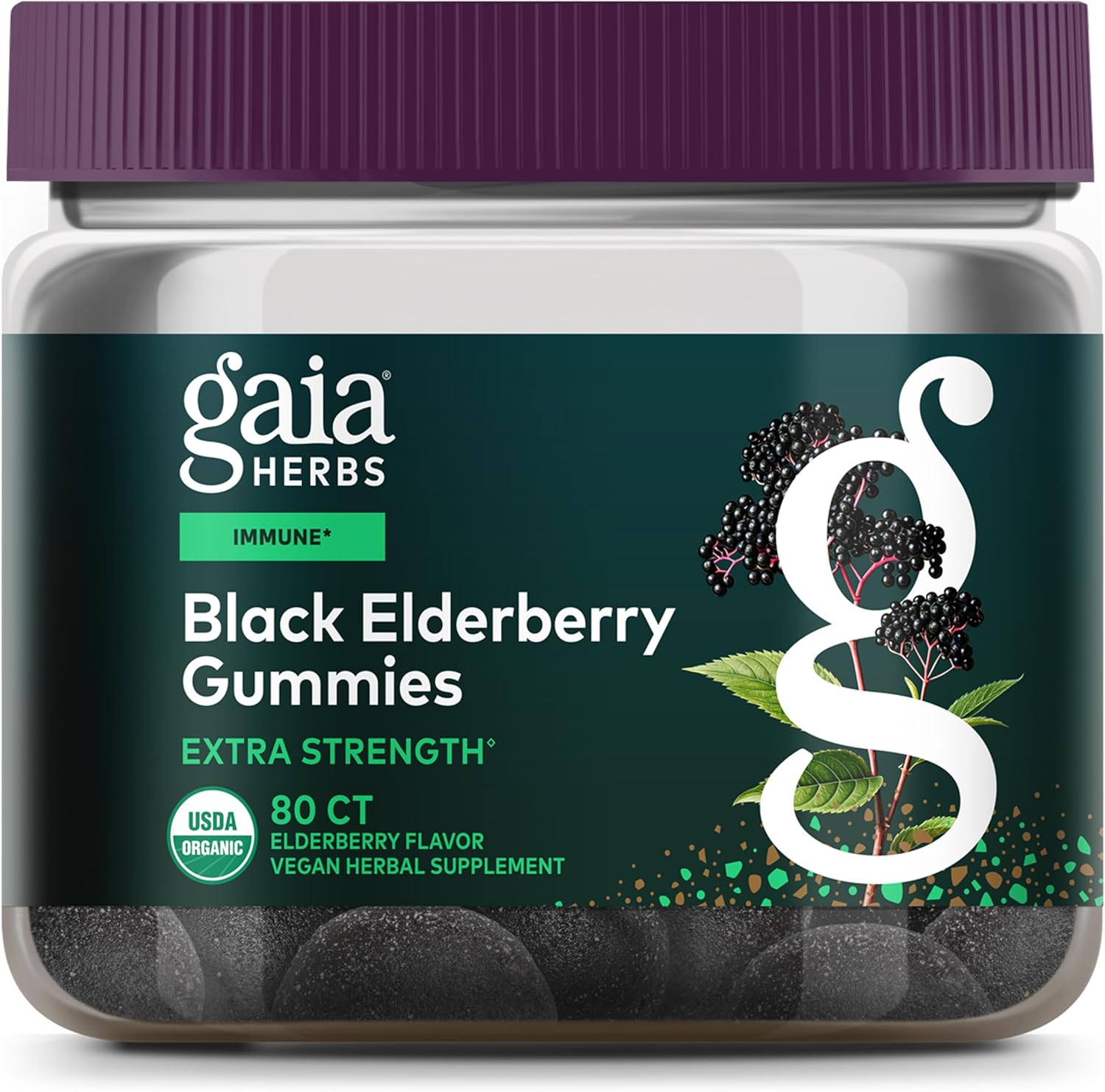 Gaia Herbs Black Elderberry (Sambucus Nigra) Extra Strength Gummies – Delicious Immune Support Supplement – Made with Certified Organic Black Elderberries for Immune System Support – 80 Gummies