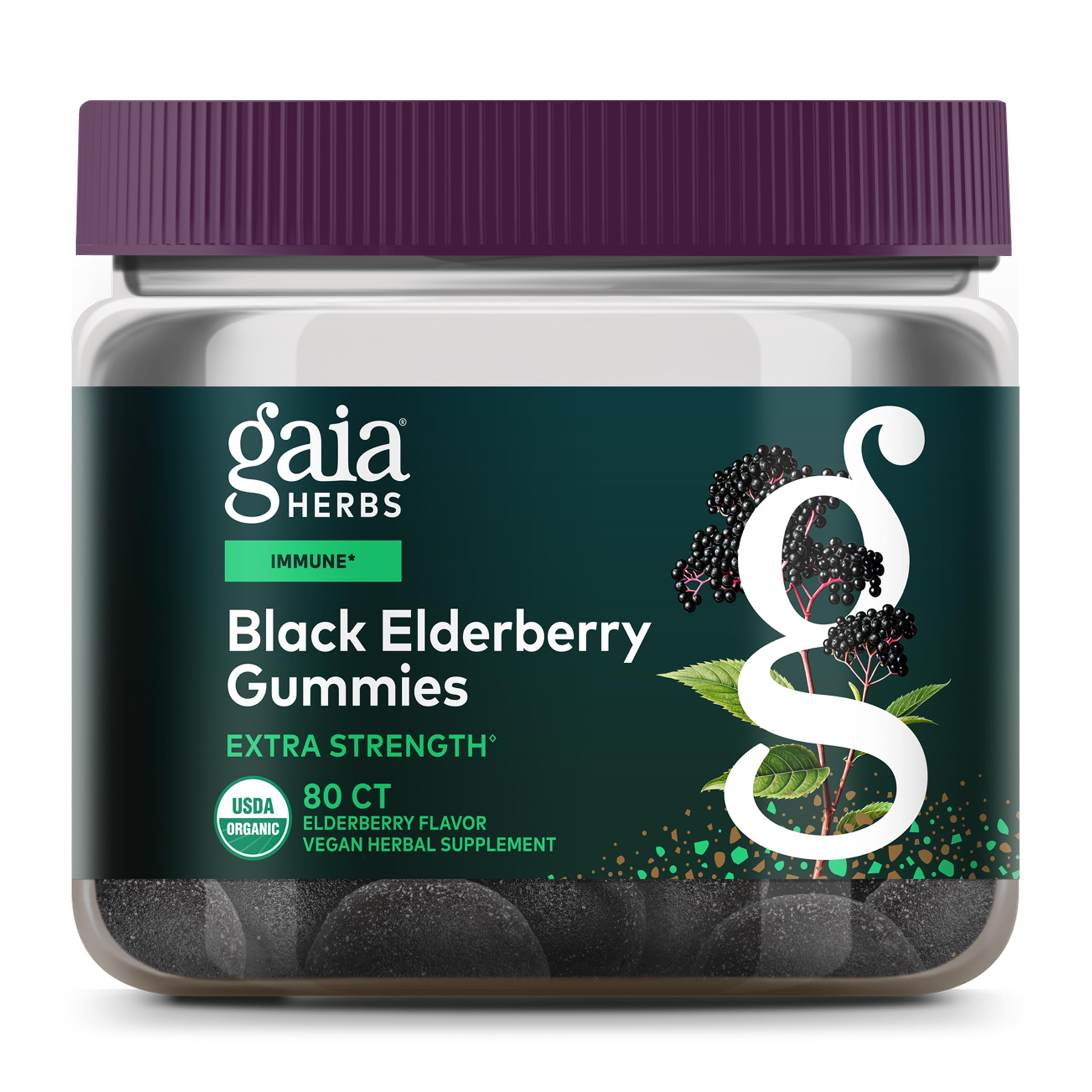 Gaia Herbs Black Elderberry (Sambucus nigra) Extra Strength Gummies - Delicious Immune Support Supplement* - Certified Organic Black Elderberries for Immune System Support* - 80 Gummies (40 Servings)