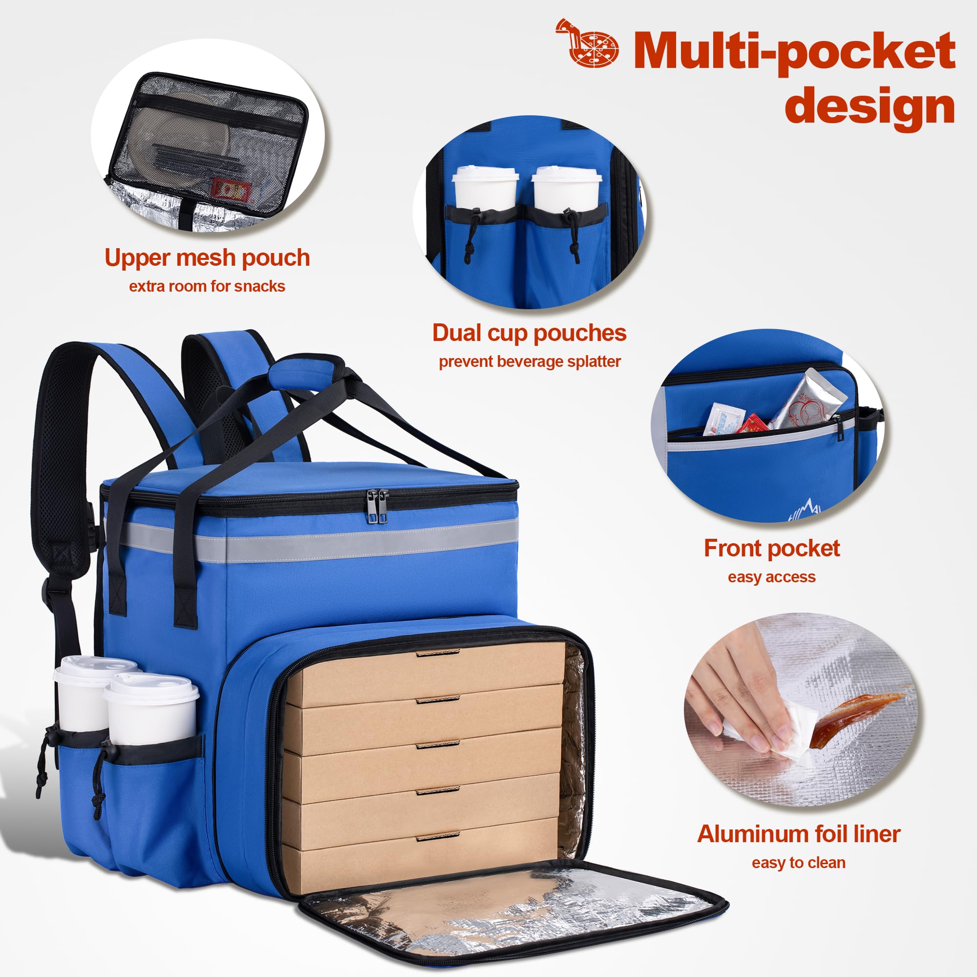 GoHimal Mochila de entrega de alimentos, bolsas de entrega de alimentos aisladas para bicicleta de entrega, bolsa grande de entrega de pizza para caliente/frío con 4 bolsillos reflectantes, perfecta