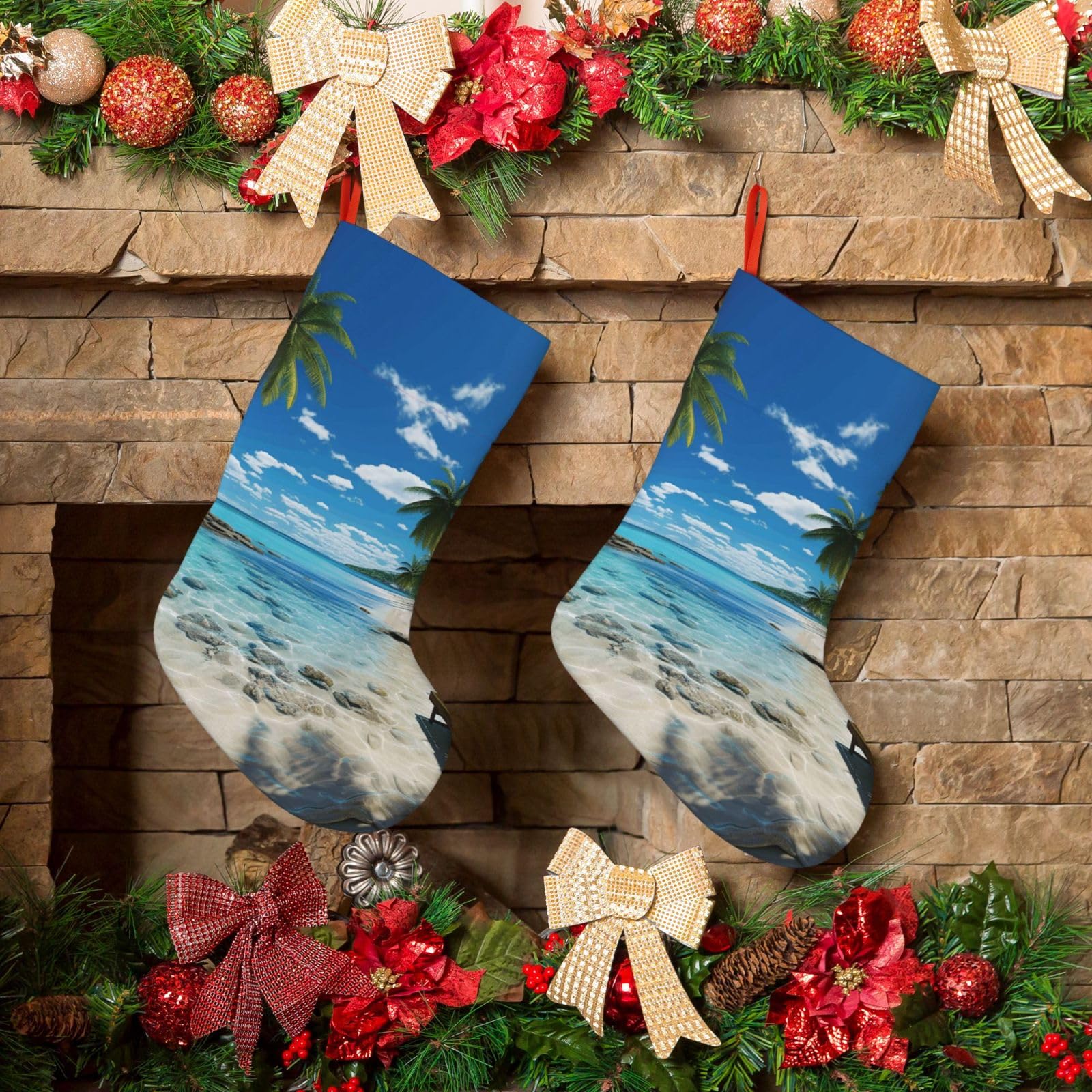 Beach Palm Tree Christmas Stockings 18 Inches Velvet Xmas Fireplace Hanging Stocking Rustic Christmas Santa Stockings for Home Christmas Decorations Party Favor Supplies