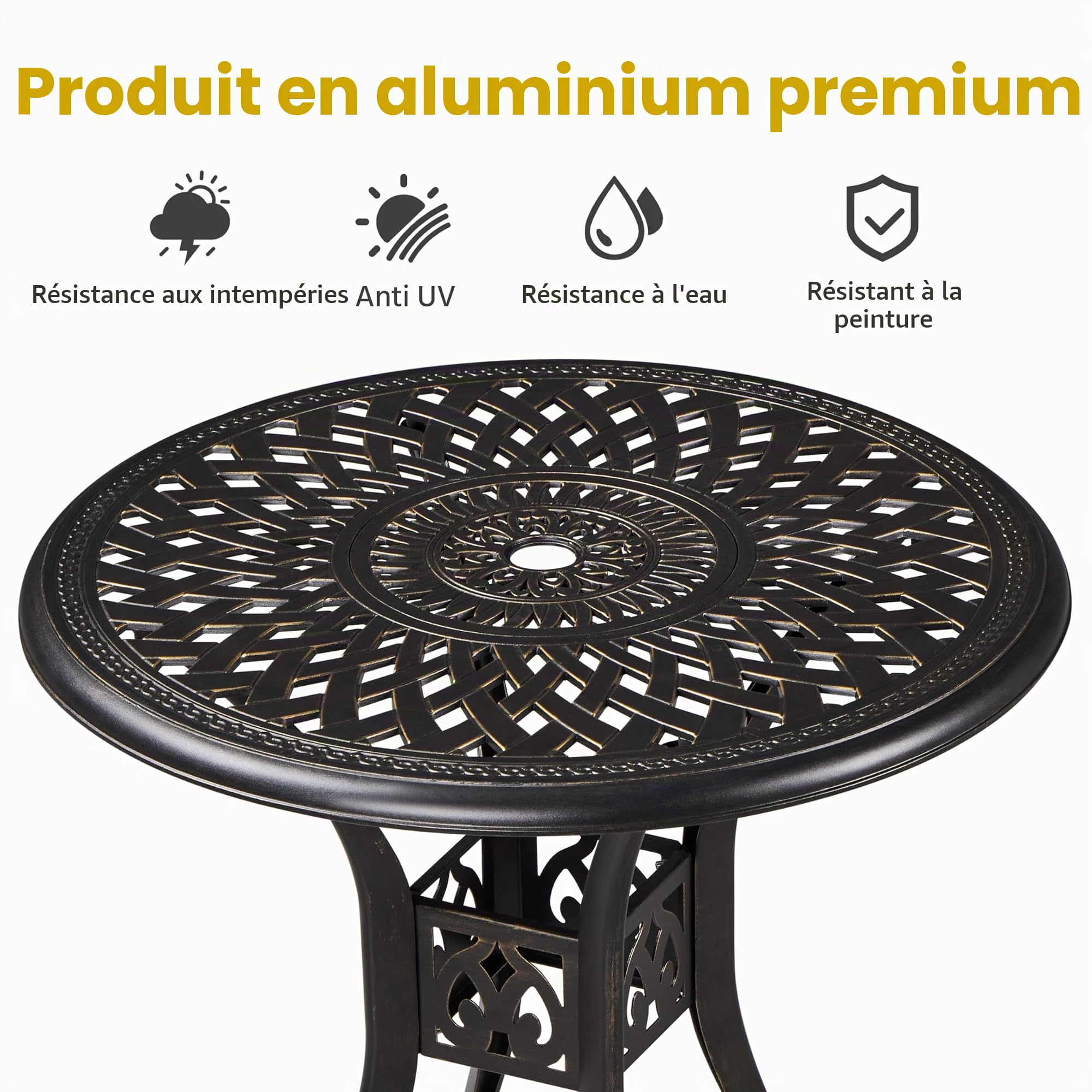 Yaheetech Table de Jardin Ronde Design Vintage en Aluminium avec Trou pour Parasol Patins Réglables Table de Bistrot Extérieur Diamètre 78 cm pour Patio Piscine Terrasse Fête Bronze