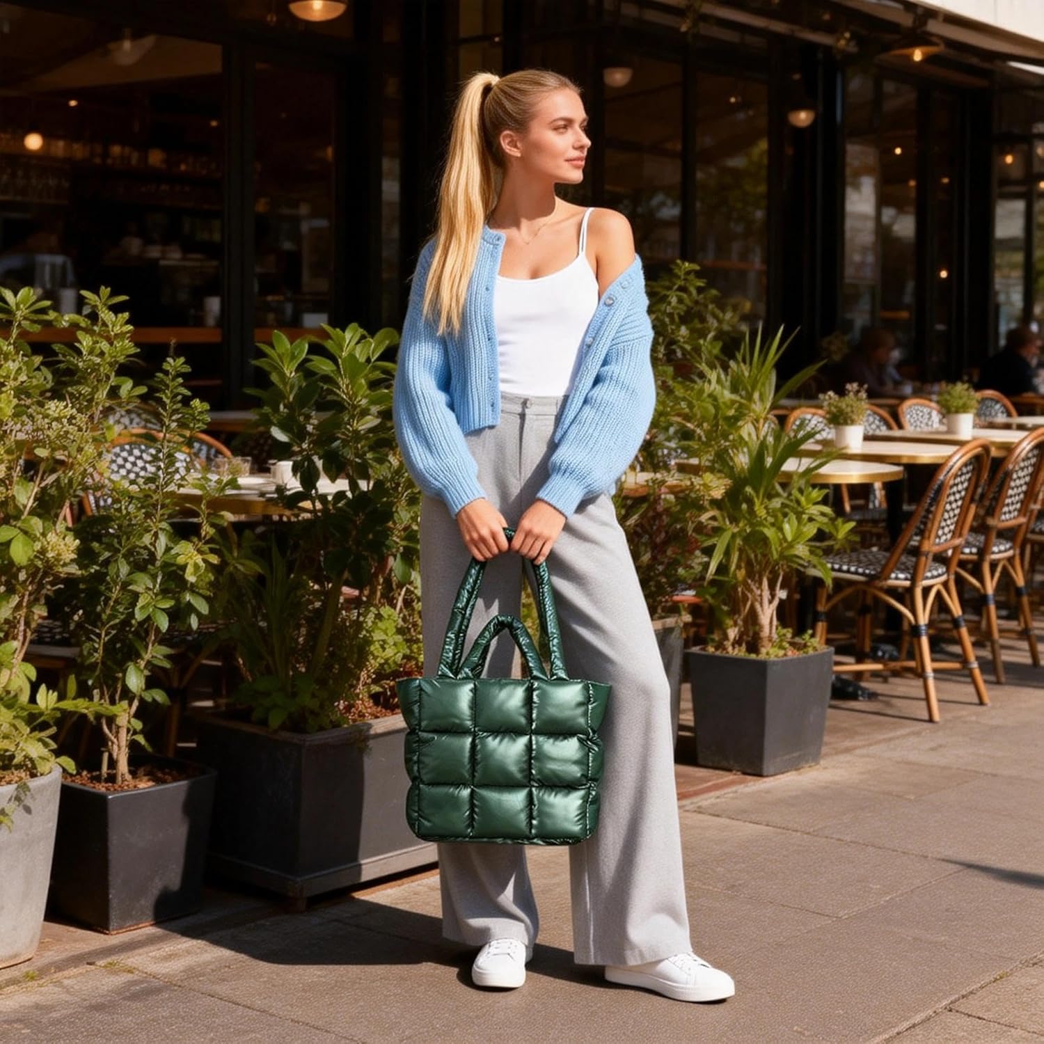 Puffer Tote Bag, Crossbody Bags for Women, Soft Lightweight Puffer Bag With Compartments, Large Quilted Tote Bag Suitable for Travel Gym Work(Green) - Image 3