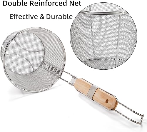 Miniatura 3 de Paquete de 2 cestas coladoras de pasta, colador de araña de malla de acero inoxidable con mango de madera para hervir, cesta de cocina fina para