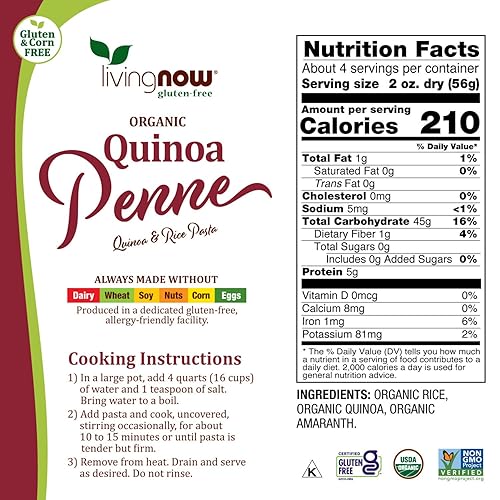 Vista 2 de NOW Foods, quinua orgánica con peno, sin gluten, sin maíz, sin OMG, pasta de quinoa y arroz, 8 onzas