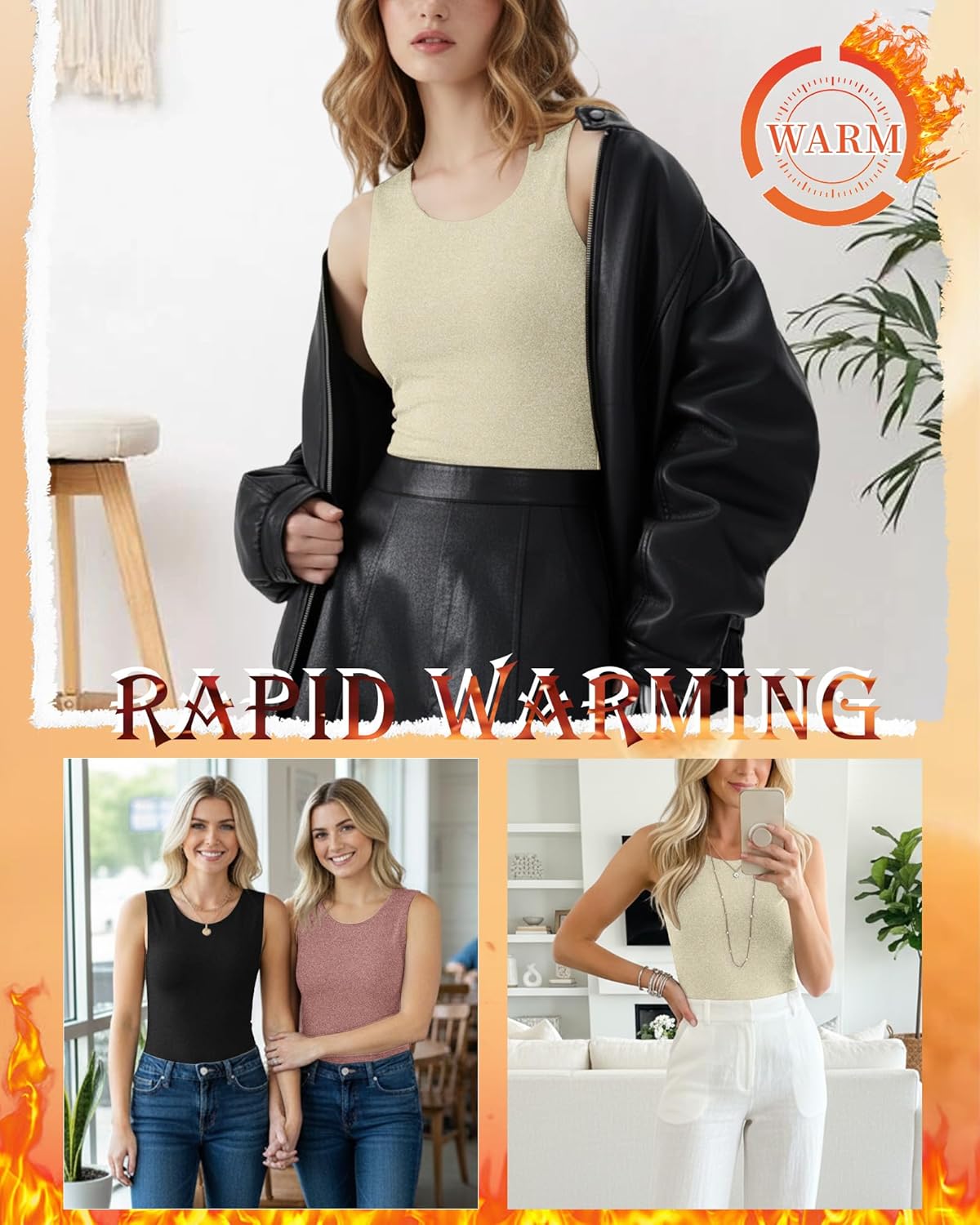 3 Pack Women's Thermal Tank Tops Fleece Lined Underwear Tops Sleeveless Undershirt Camisole Warm Base Layer Vest(Black, Cream, Gray Pink,Large) - Image 5