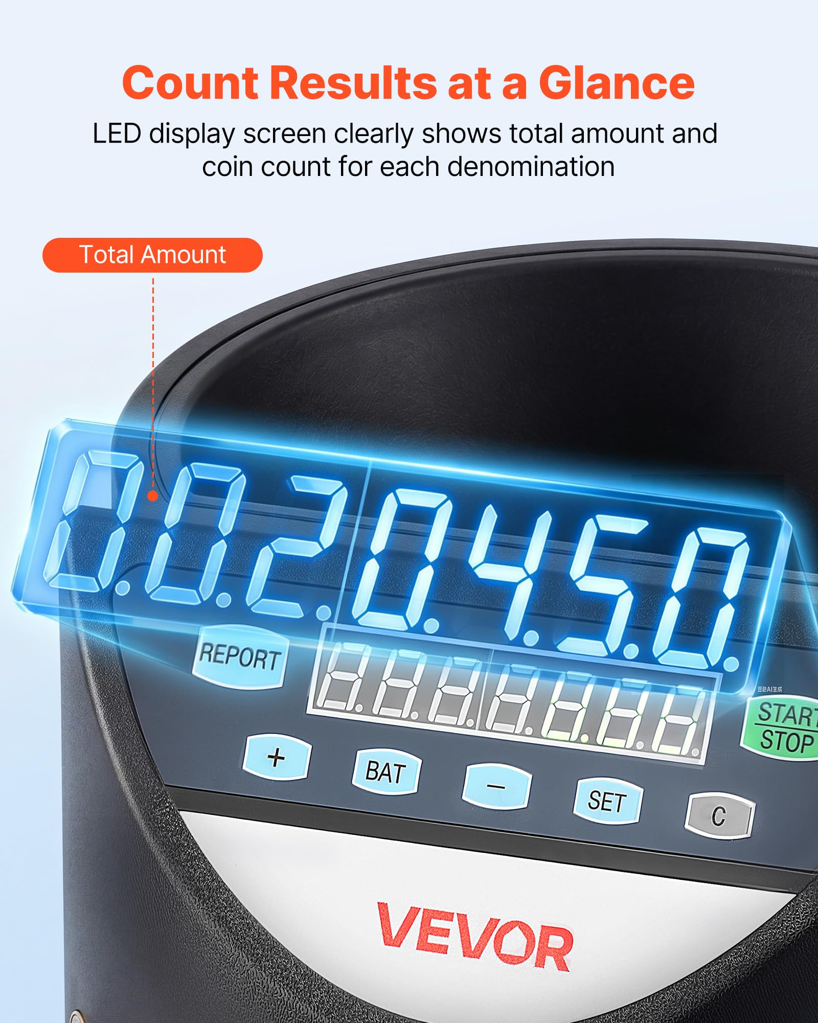 VEVOR Contamonete 8 Tagli Capacità 850 Max 147 Monete al Minuto, Selezionatrice di Monete Precisa, con Display a LED, Funzionamento Fluido, Funzione Batch, per Contasoldi in Ufficio e Uso Commerciale