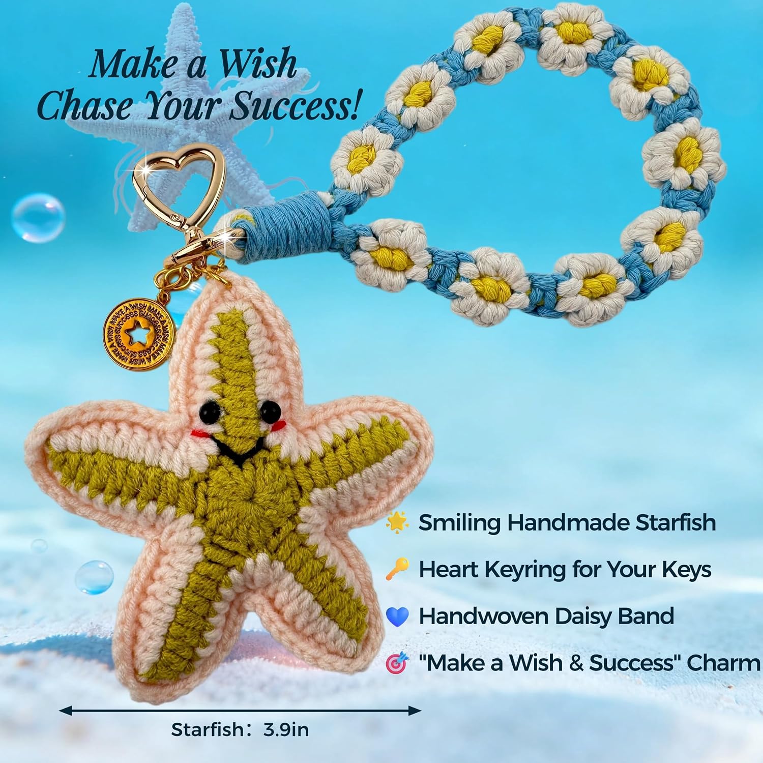 Crochet Starfish Keychain, Beach Bag Charm with Daisy Wristlet | Handmade crochet design, Make a Wish and Success charms, Coastal bag charm for purses and tote bags, Easy-to-spot keys