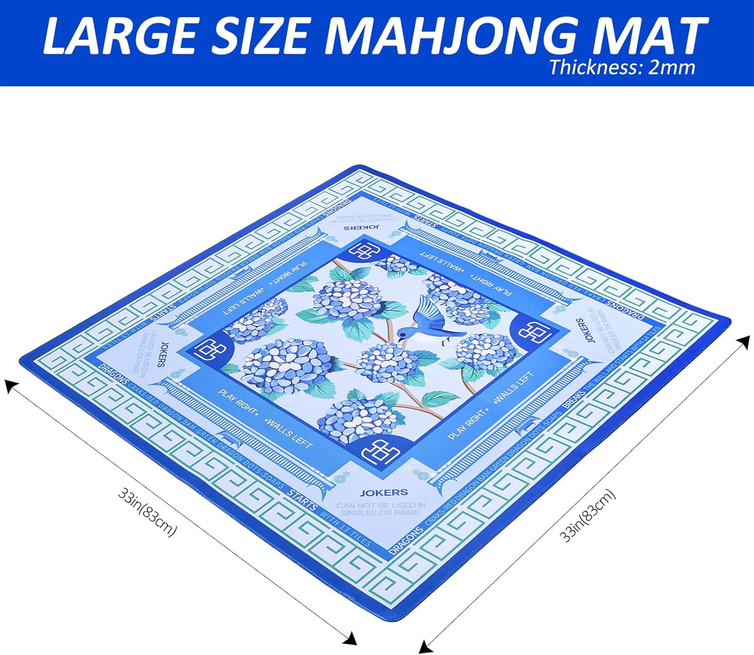 Jongyance Blue American Learning Mahjong Mat (33”x33”) with Black Carrying Bag, Anti-Slip, Mahjong Table Mat for Mah-jongg, Poker, Board Games, Dominoes