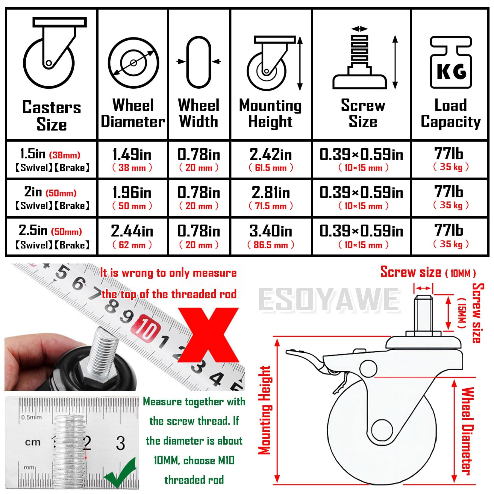 ESOYAWE Lenkrollen Für Möbel Mit M10×15mm Gewindestange 4er SET, 38mm 50mm 62mm Keine Spuren & Leise Polyurethan-Rollen, 360° Rotation Ersatzrollen Mit Bremse, Tragfähigkeit 35KG Pro Rolle