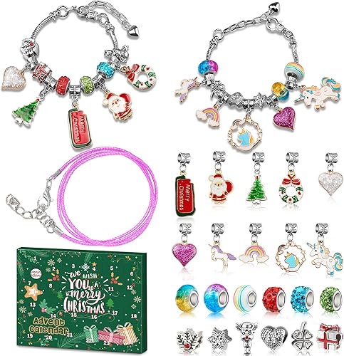 Miniatura 14 de Calendario de Adviento 2025 para niñas, kit de fabricación de pulseras de unicornio para niñas, calendarios de Adviento de 24 días de Navidad