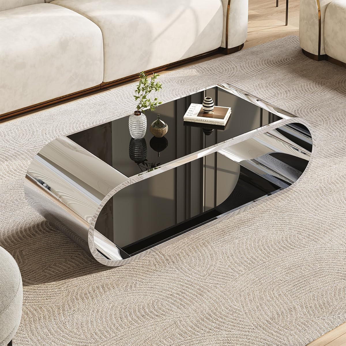 Luxrious Silver Coffee Table with Black Glass Top Living Room Tea Table with Silver Stainless Steel Base,57"