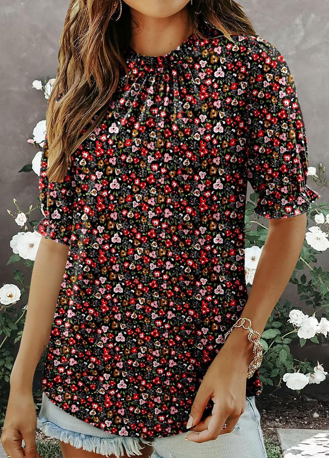 CHICZONE Women's Mock Neck Casual Summer Tops Ruffle Short Sleeve Keyhole Back Boho Blouses - Image 3