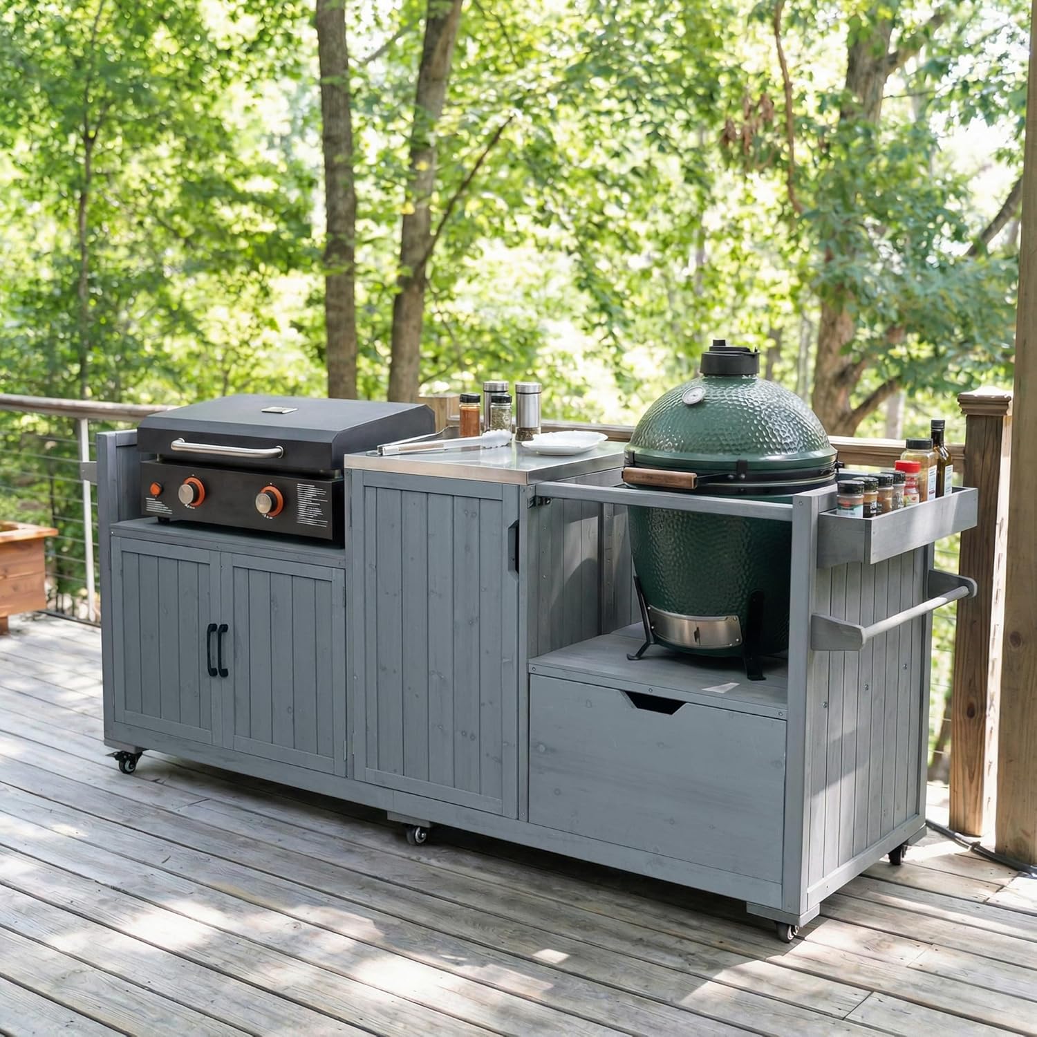 80.5" Outdoor Grill Cart for Big Green Egg & Blackstone Griddle, Solid Fir Wood Kitchen Island Table on Wheels with Stainless Steel Top, Drawer