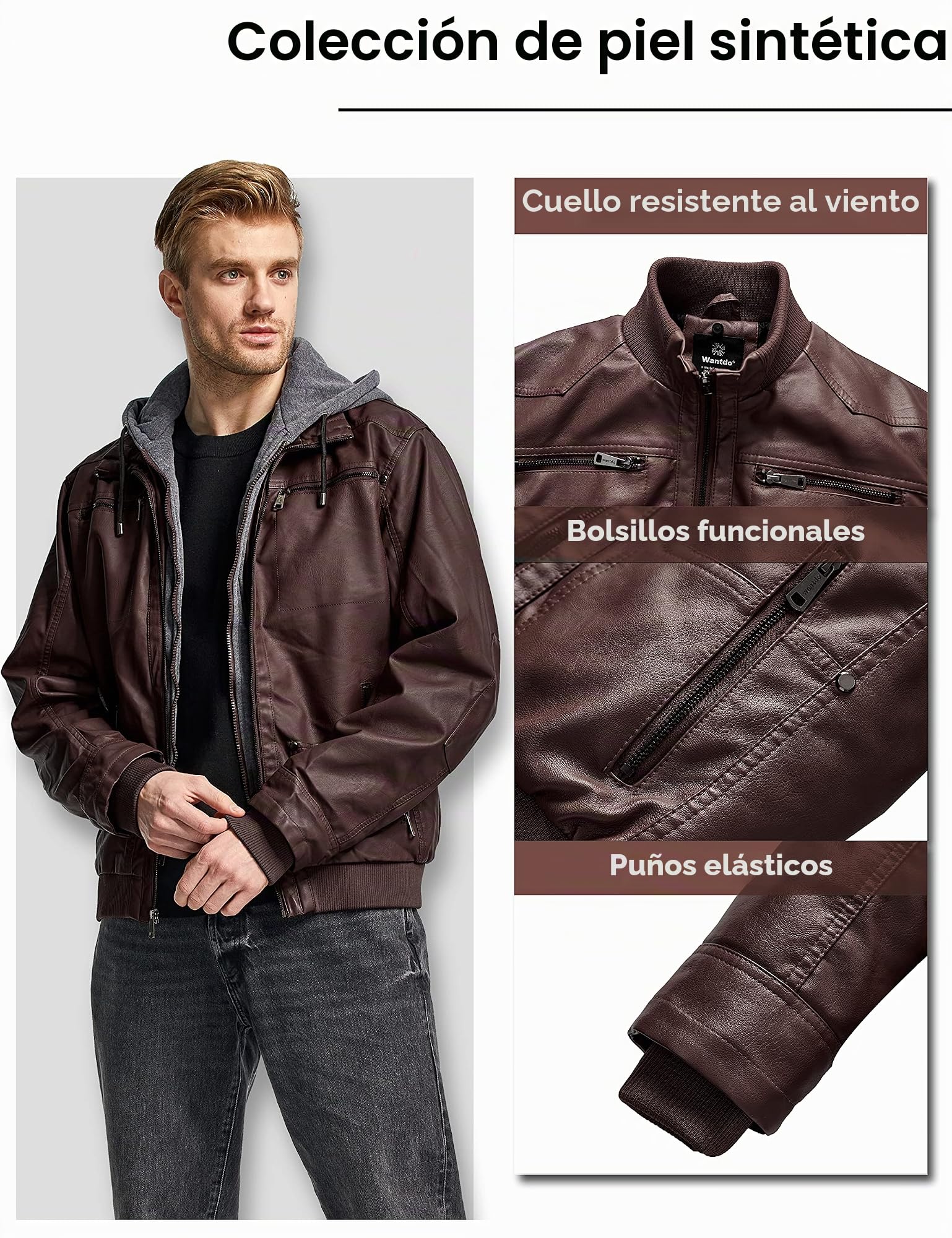 Wantdo Chaqueta de Piel Sintética para Hombre Abrigo Cálido Antiviento Chaqueta de PU Múltiples Bolsillos Retro para Motocicleta Chaqueta de Textura Mate Capucha Desmontable Hombre