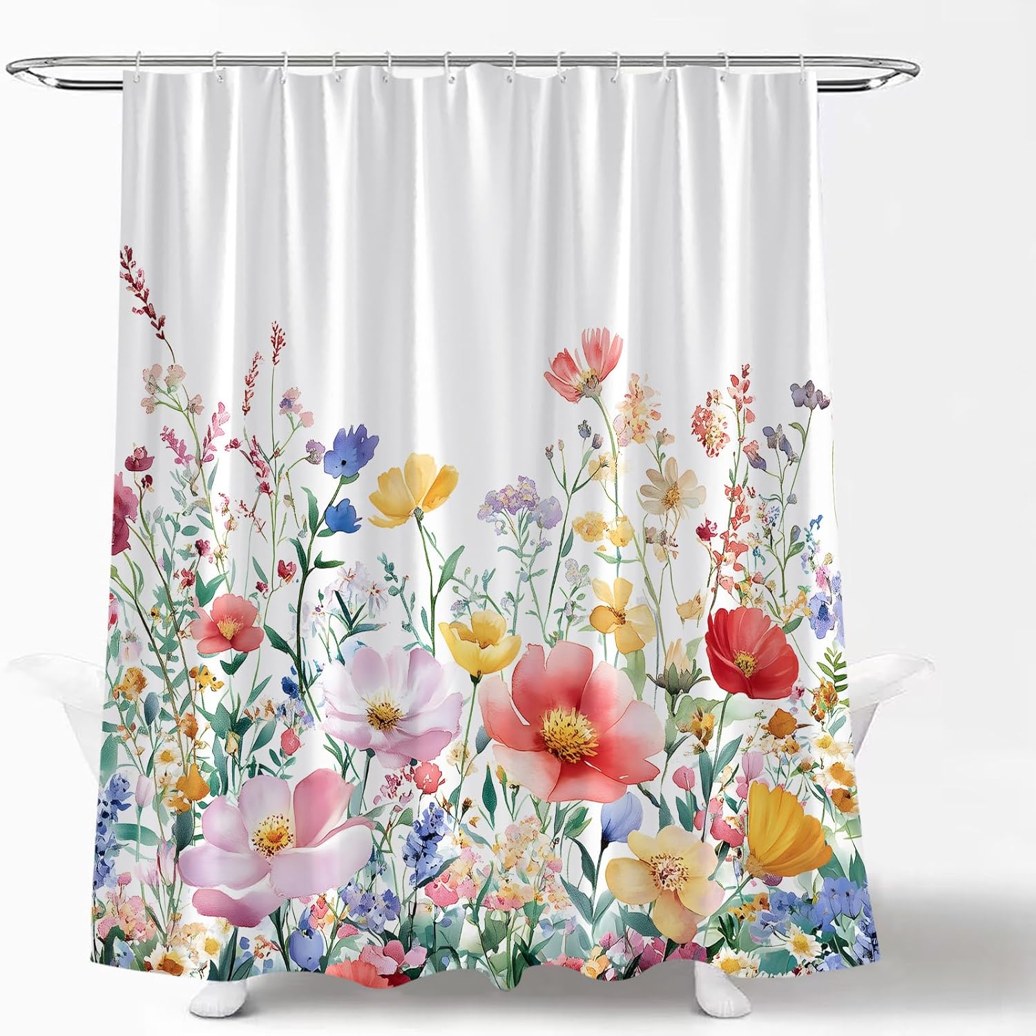 Watercolor Floral Shower Curtain Rustic Wildflower Vintage Spring Botanical Plant Boho Green Leaves Farmhouse Nature Decor Bathroom Curtain Set with Hook