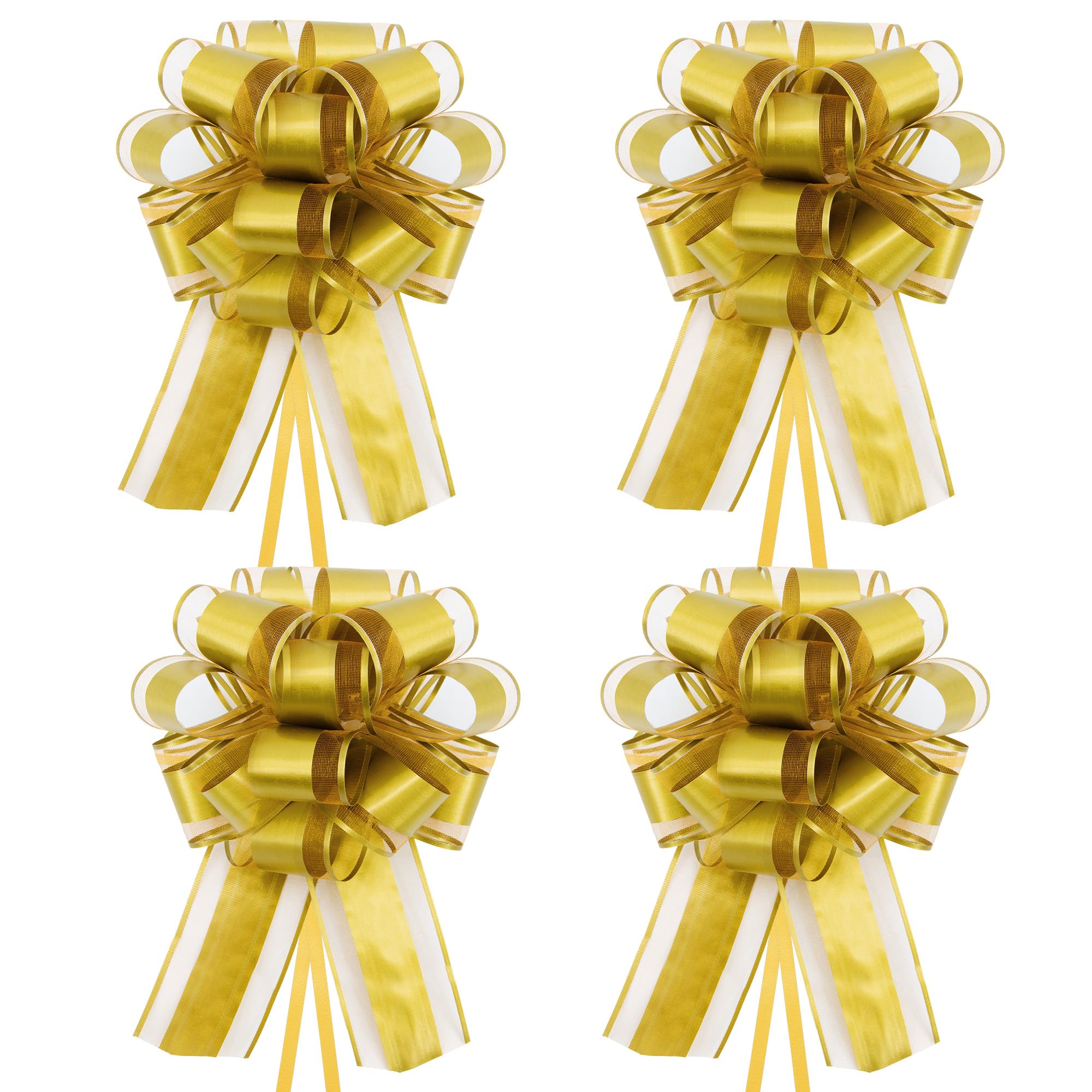Time to Sparkle 4PCS Organza Pull Bows 17cm*22cm Gift Wrapping Bows Present with Ribbon Pull String for Christmas Baskets,Party Present,Holiday - Gold