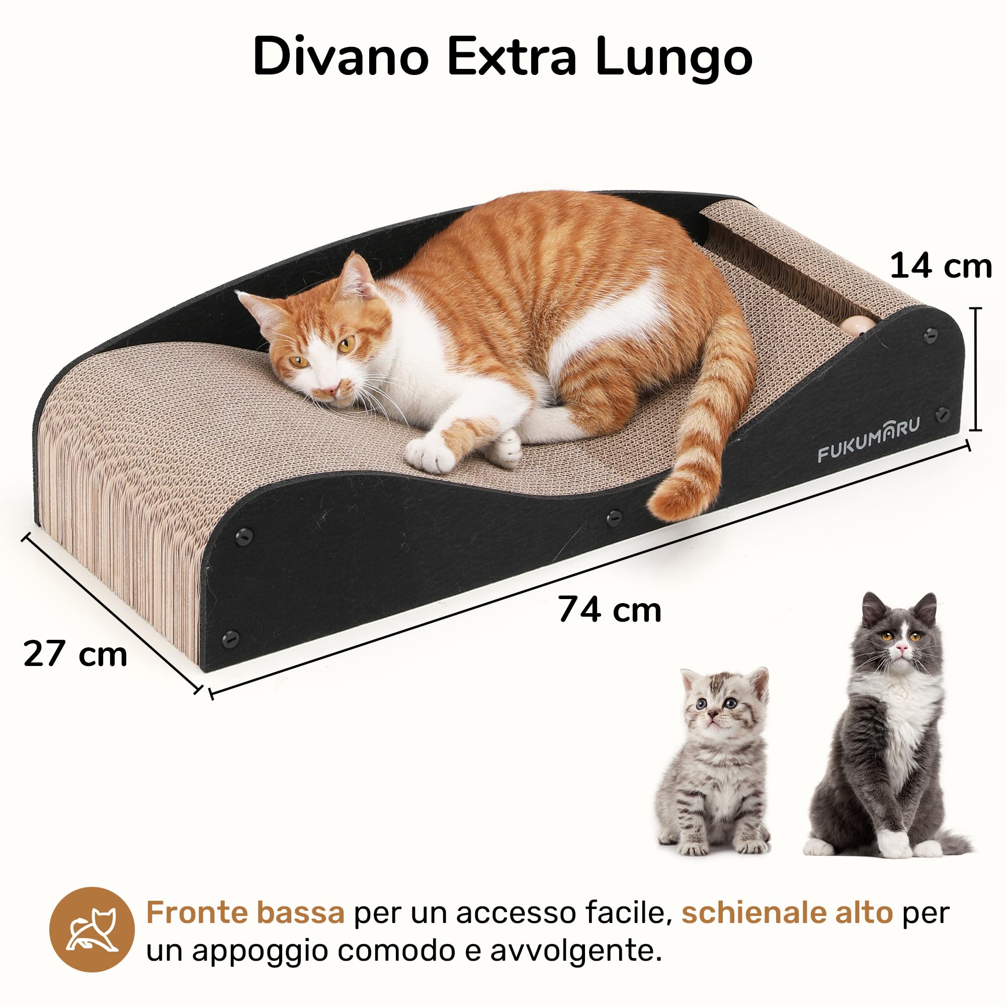 FUKUMARU Lettino Tiragraffi per Gatti in Cartone, Cuccia Tiragraffi Extra Lungo 74 cm, Divano per Gatti con Cuscino in Feltro Naturale, Graffiatoio Orizzontale con Pallina Giocattolo, Nero