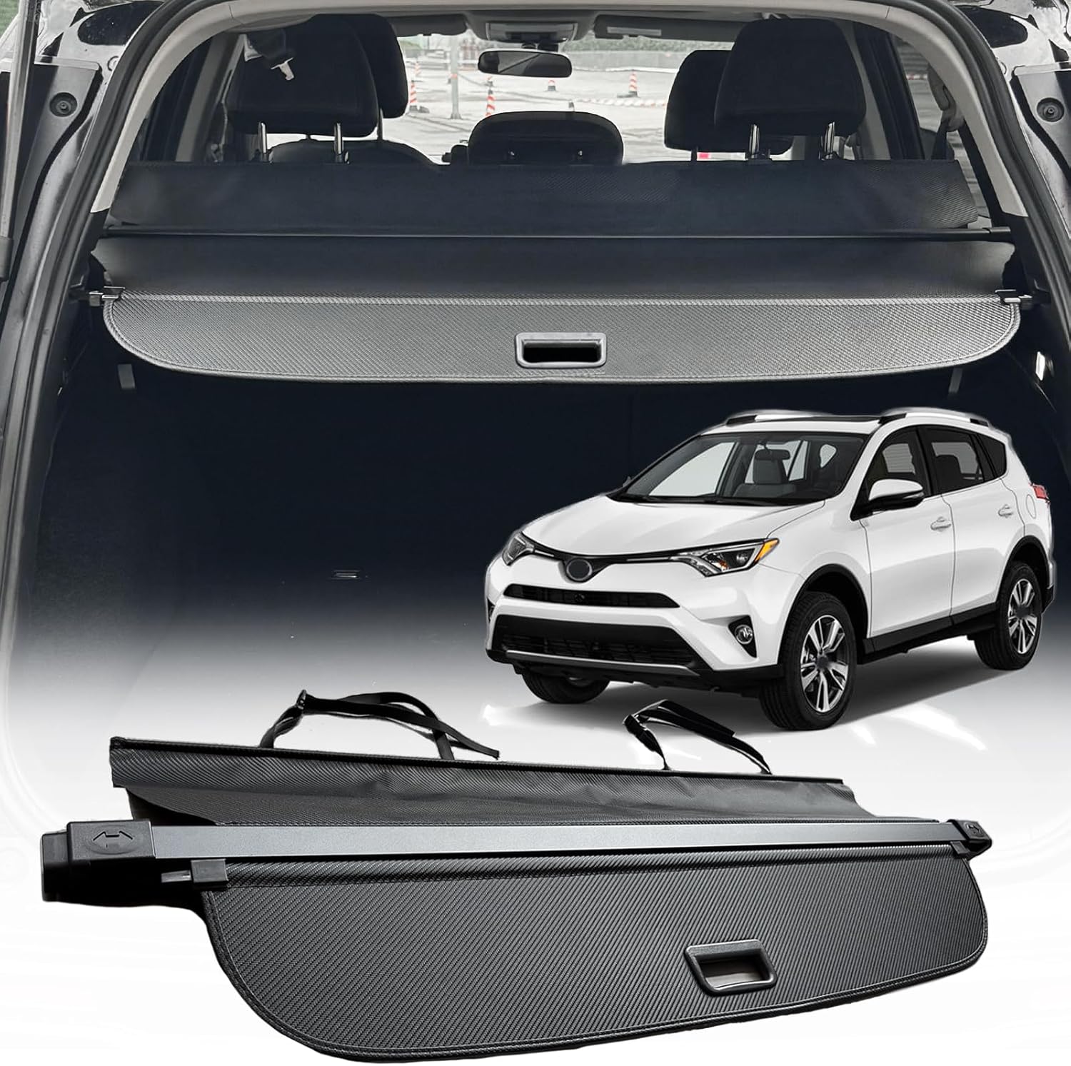 for 2014-2018 Toyota RAV4 Cargo Cover,(Carbon Fiber Look)Cargo Cover for Toyota RAV4 2018 Accessories 2017 2016 2015 2014 Trunk Organizer Rear Trunk Security Shielding Shade (Additionl Cover)