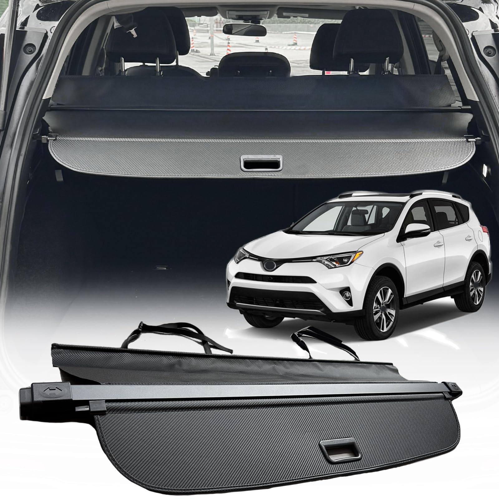 for 2014-2018 Toyota RAV4 Cargo Cover,(Carbon Fiber Look)Cargo Cover for Toyota RAV4 2018 Accessories 2017 2016 2015 2014 Trunk Organizer Rear Trunk Security Shielding Shade (Additionl Cover)