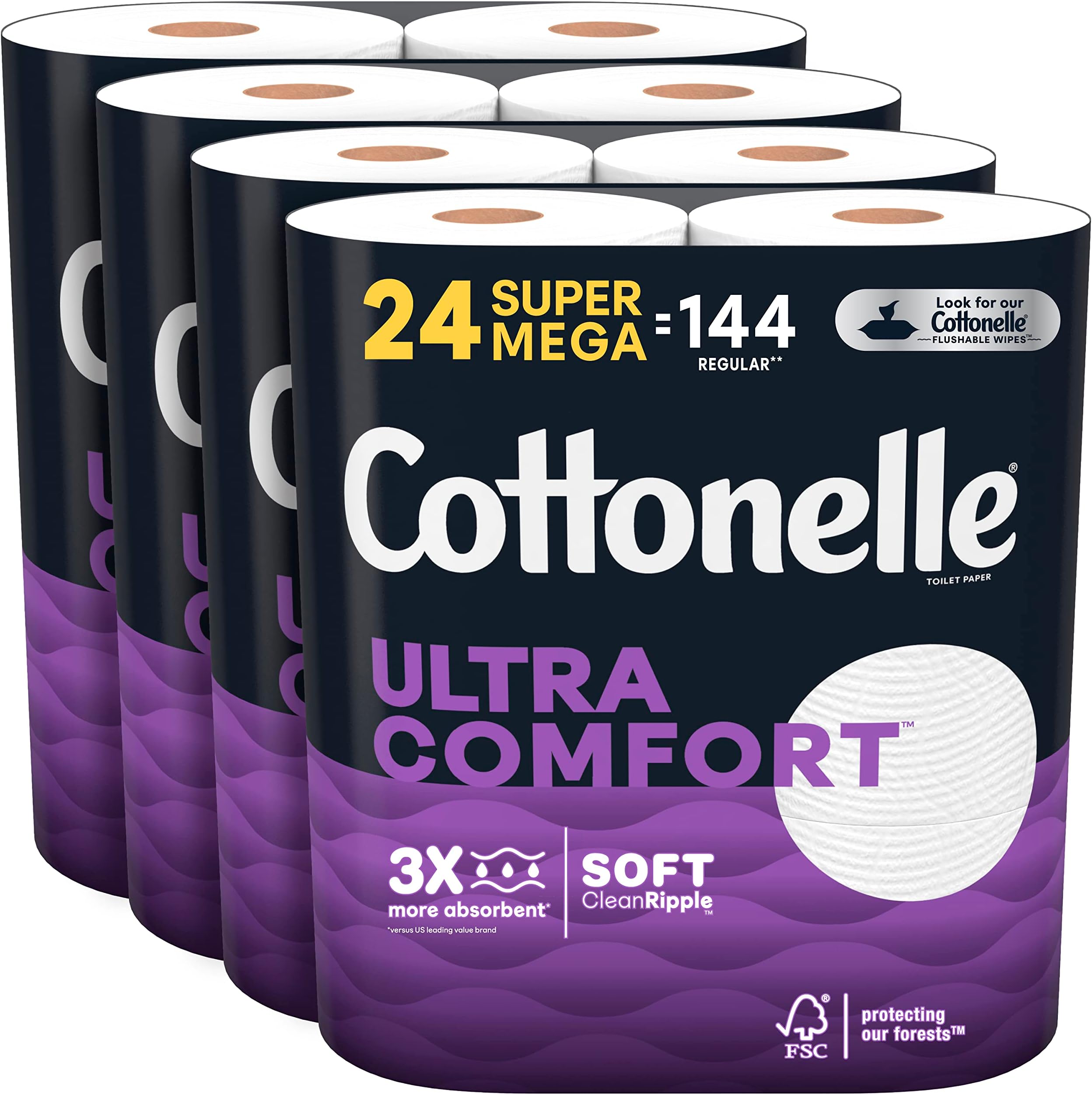 Cottonelle Ultra Comfort Toilet Paper, Strong Toilet Tissue, 24 Super Mega Rolls (24 Super Mega Rolls = 144 Regular Rolls) (4 Packs of 6), 402 Sheets per Roll