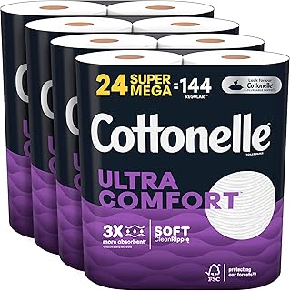 Cottonelle Ultra Comfort Toilet Paper, Strong Toilet Tissue, 24 Super Mega Rolls (24 Super Mega Rolls = 144 Regular Rolls) (4 Packs of 6), 402 Sheets per Roll White