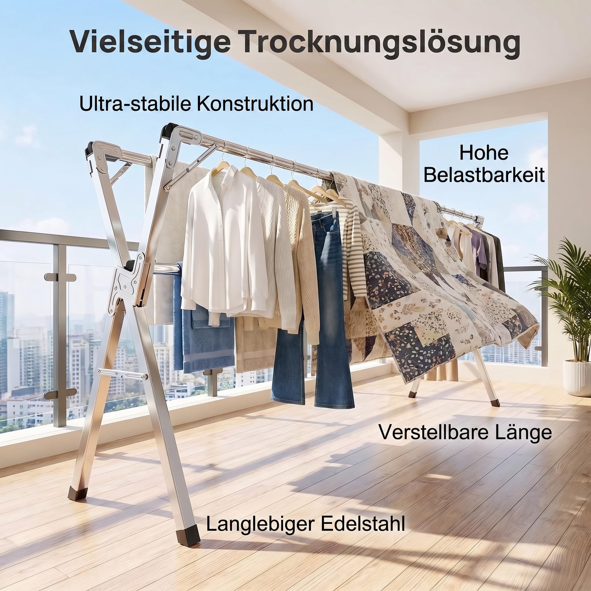 Wäscheständer, faltbar, Edelstahl, Typ Tancarville, Wäscheständer für drinnen und draußen, verstellbarer Wäscheständer 140 – 240 cm, 60 kg pro Stange, mit 40 Haken, winddicht