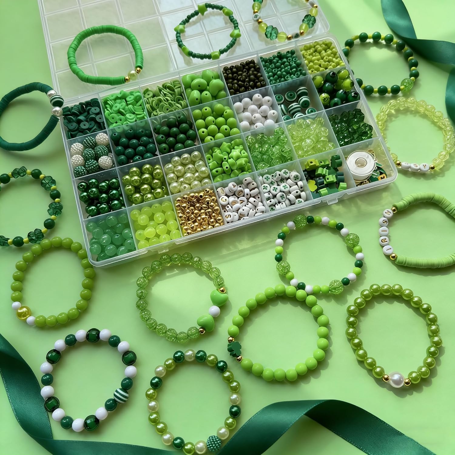 2336Pcs St. Patrick's Day Bracelet Making Kit, 28 Style Green Clay Beads Acrylic Round Bead Charms Bracelet Kit for Jewelry Making Pearl Plastic Heishi Bead for Crafts