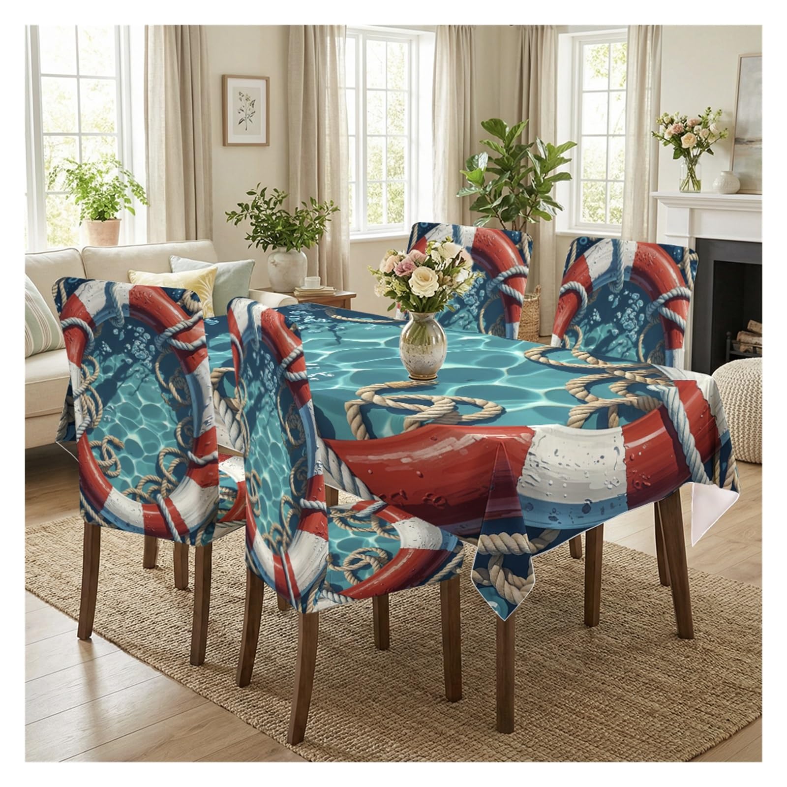 BOSUYBN Nautical Lifebuoy Ocean Dining Tablecloth & Chair Covers Set, 5/7 Piece Classic Red Blue Marine Coastal Decor Table Setting(5pcs Set: Tablecloth+Chair Covers)