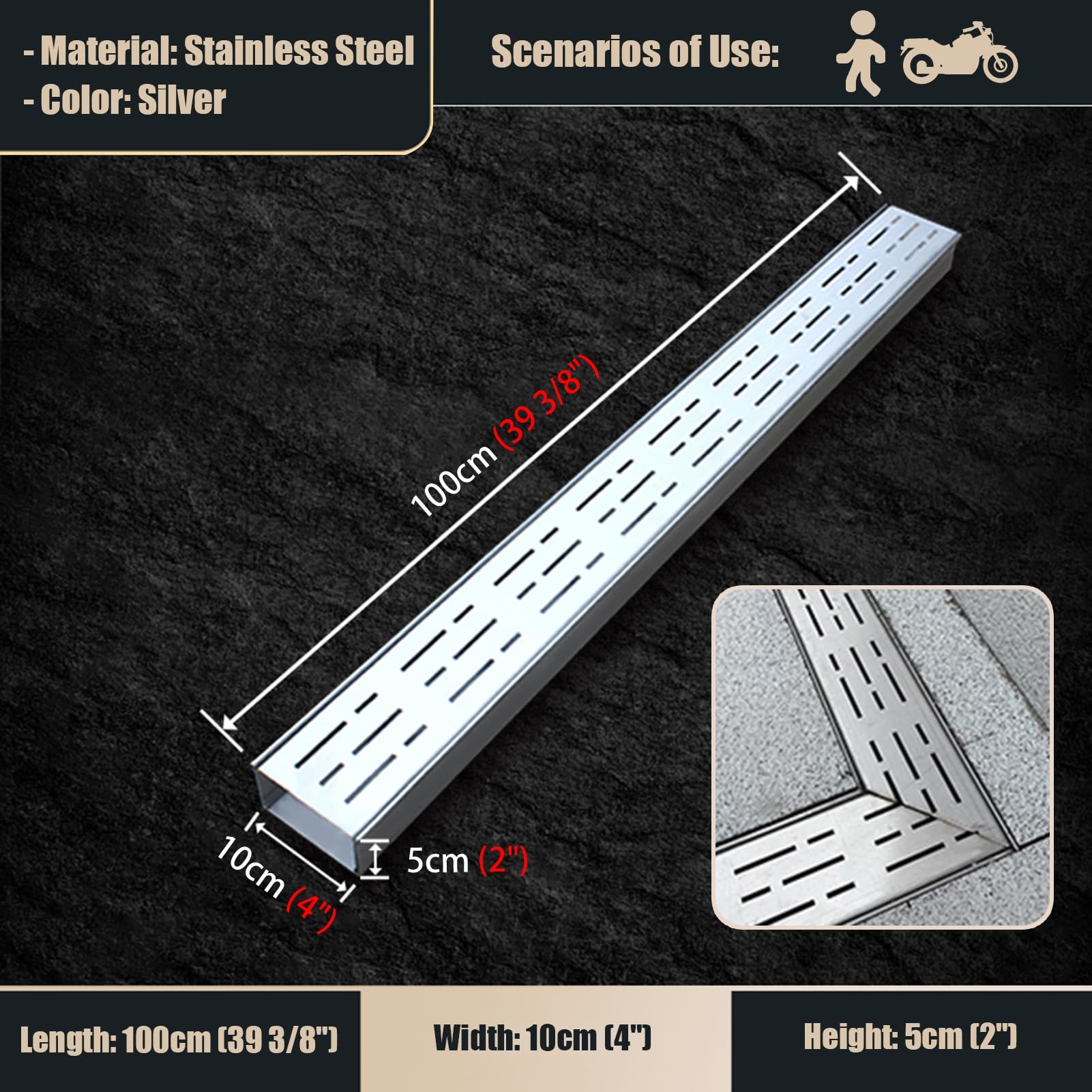 Tapa y canaleta de desagüe de Acero Inoxidable de Alta Resistencia, desagüe de jardín de 4" con Rejilla, Sistema de Drenaje de Patio de 10 cm x 5 cm para una gestión eficaz del Agua.