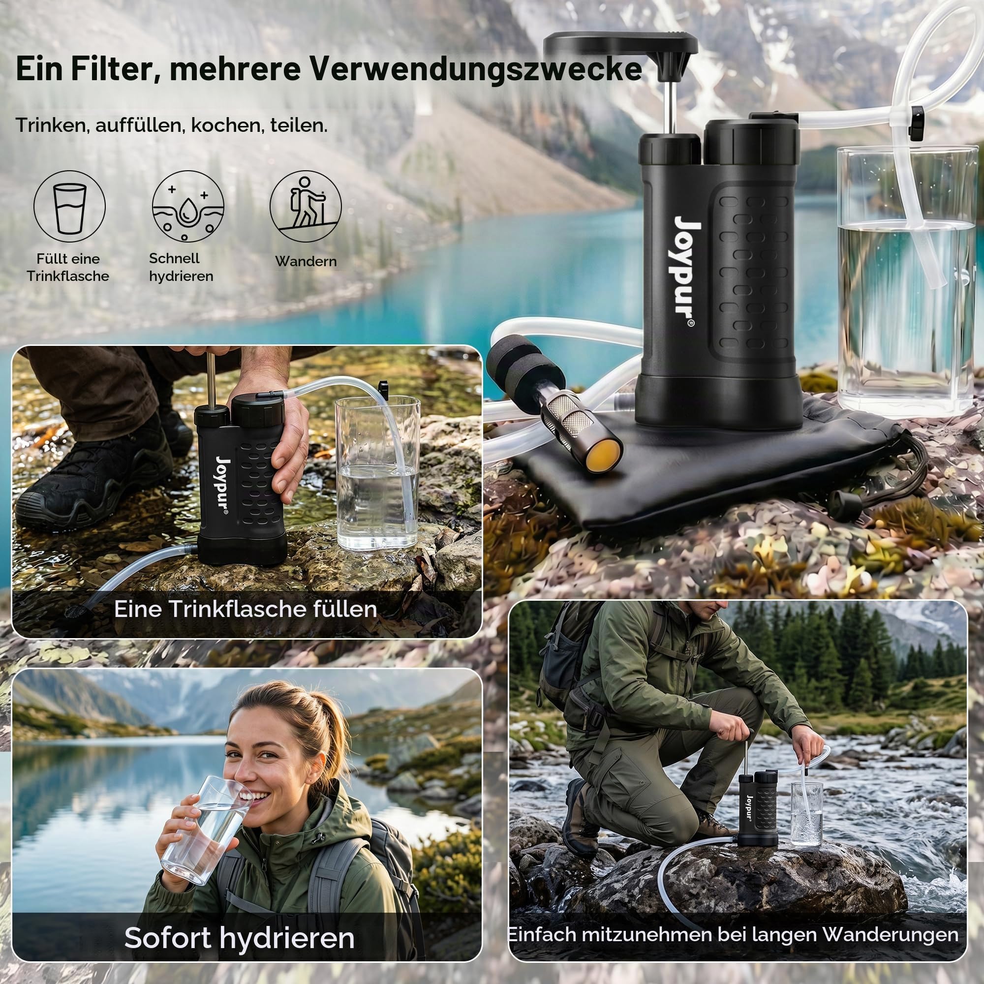 Outdoor Wasserfilter mit 5-Stufen UF-Membran, 0.01μm Filtergenauigkeit, 340g Leichtgewicht für Wandern, Rucksacktouren,Camping & Notfall (480ml)（K8192 * black）