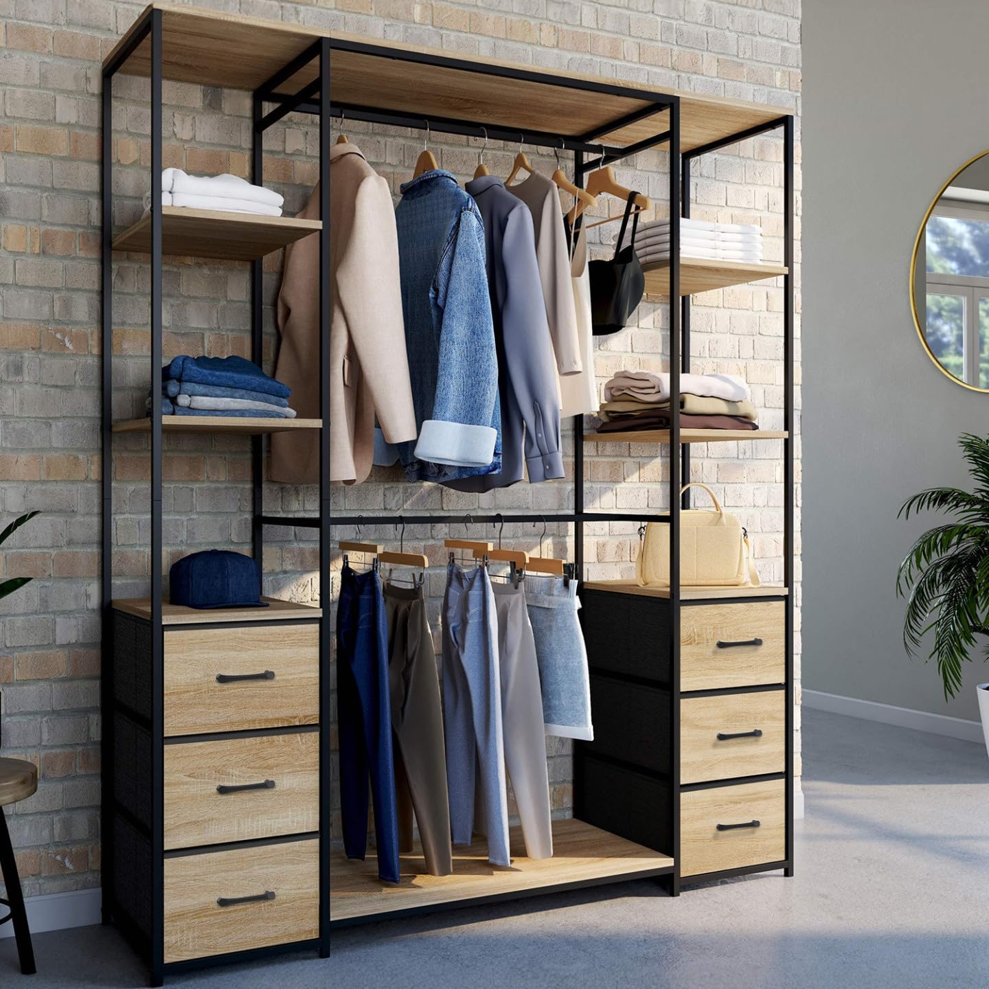 IDMarket - Dressing Double penderie + Double Colonne L. 140 cm Utah avec 6 étagères et 6 bacs en Tissu Bois et Noir